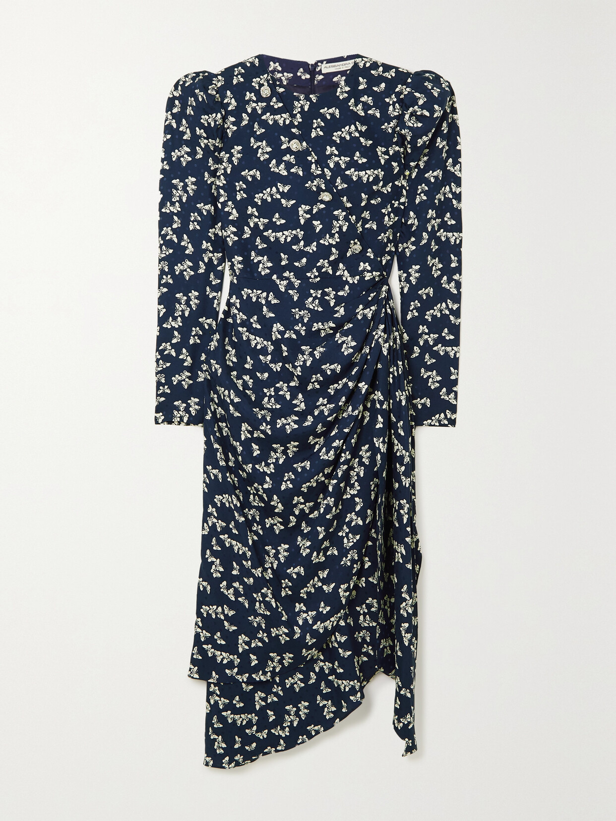 Alessandra Rich Draped Button-embellished Printed Silk-jacquard Midi Dress In Blue