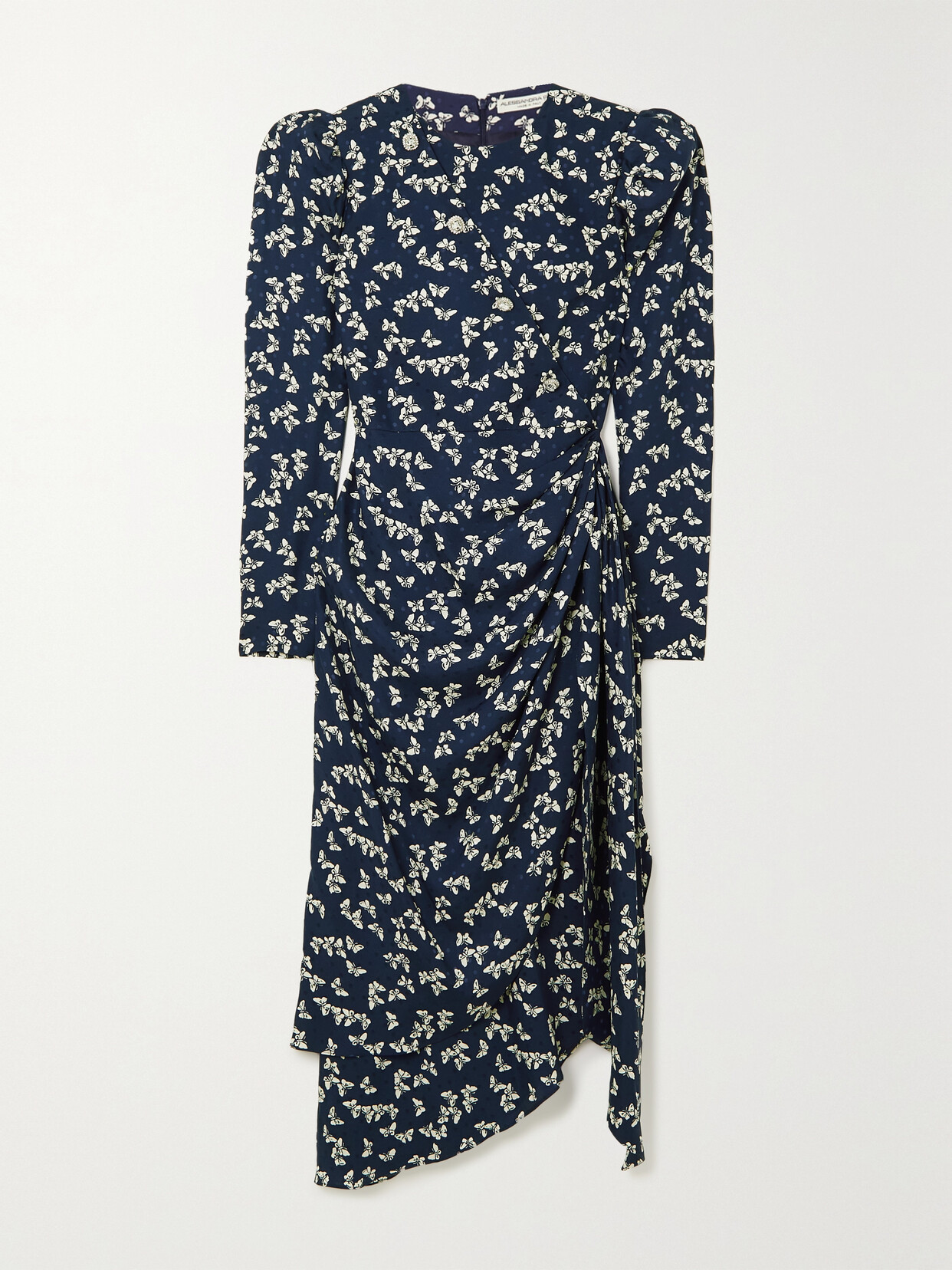 Alessandra Rich - Draped Button-embellished Printed Silk-jacquard Midi Dress - Blue