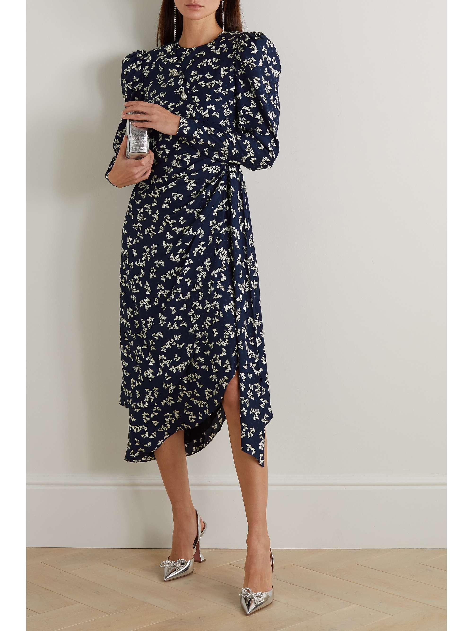 Navy Draped buttonembellished printed silkjacquard midi dress