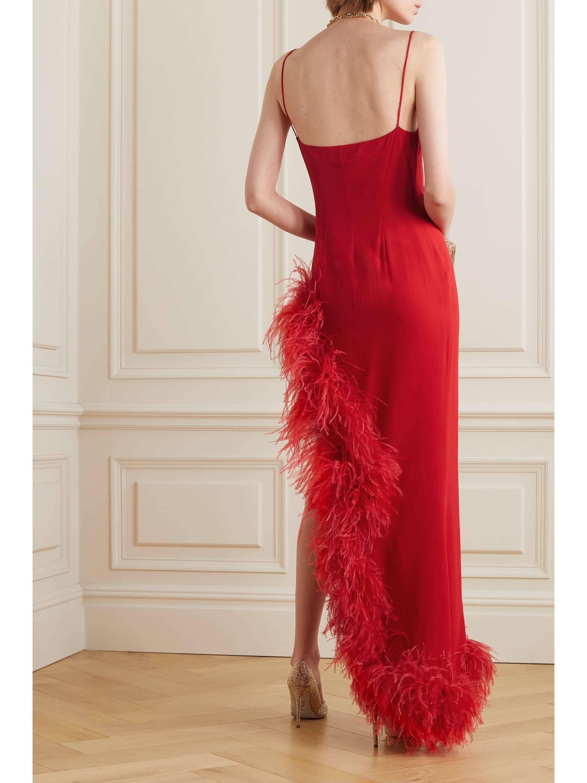 ALESSANDRA RICH Asymmetric feather-trimmed silk-georgette gown