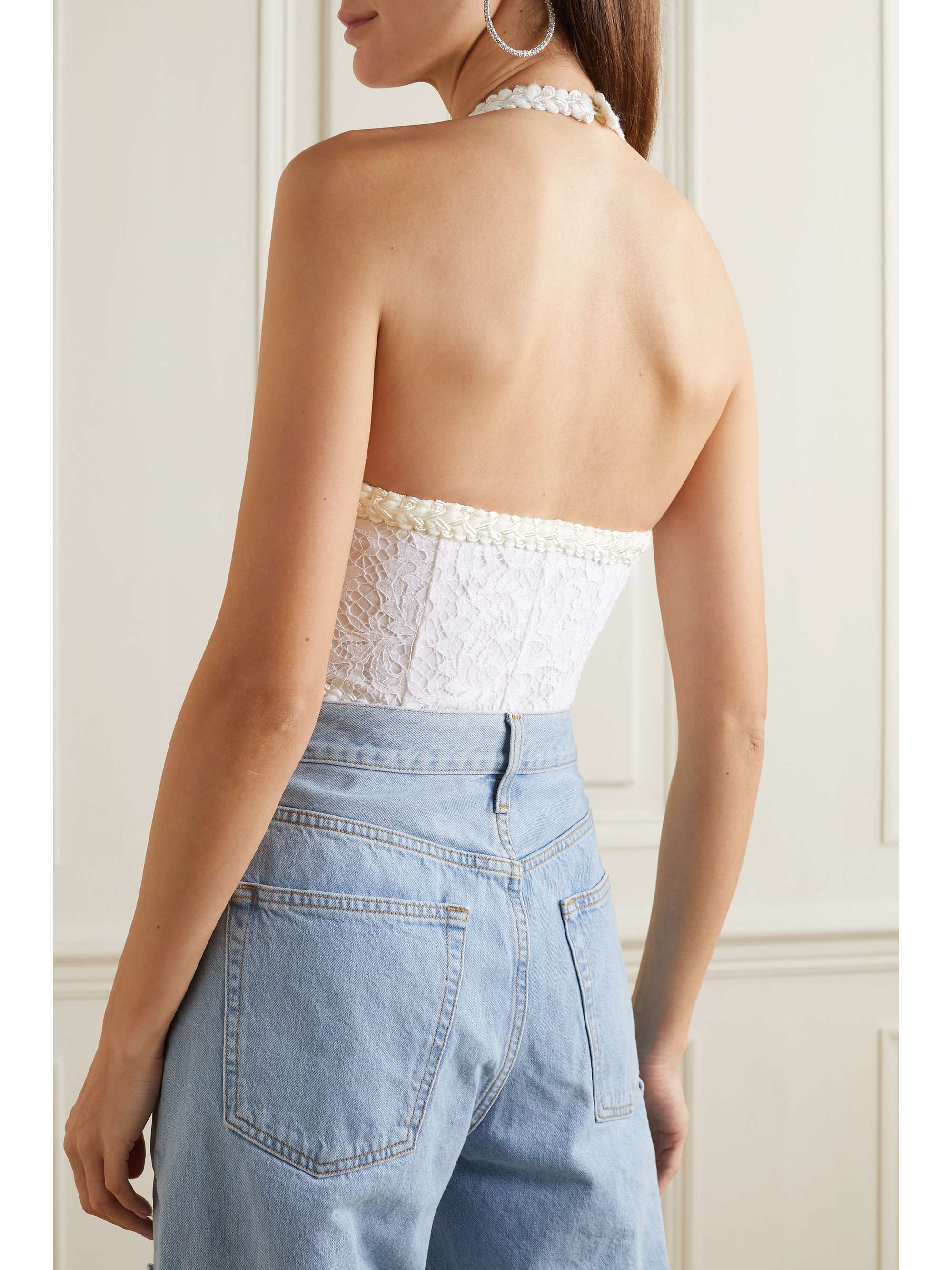 ALESSANDRA RICH Cropped embroidered cotton-blend lace halterneck bustier top