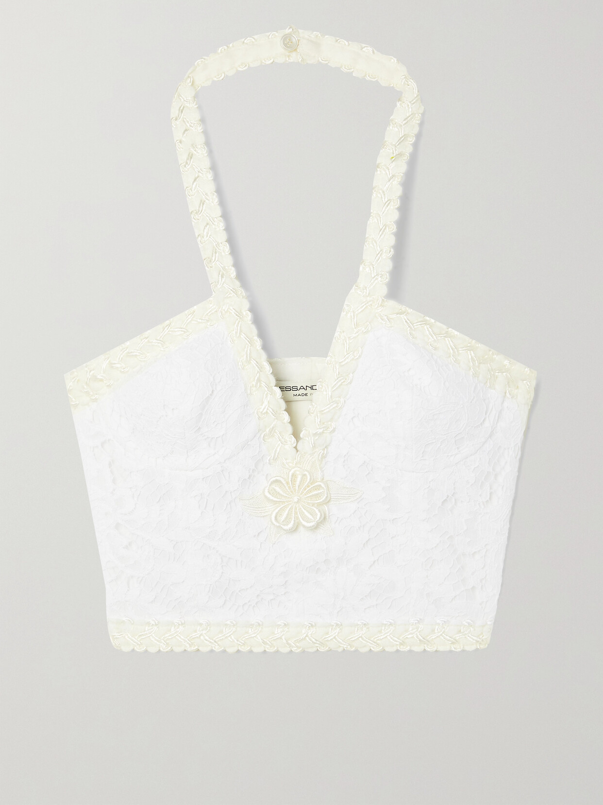 Alessandra Rich Cropped Embroidered Cotton-blend Lace Halterneck Bustier Top - White