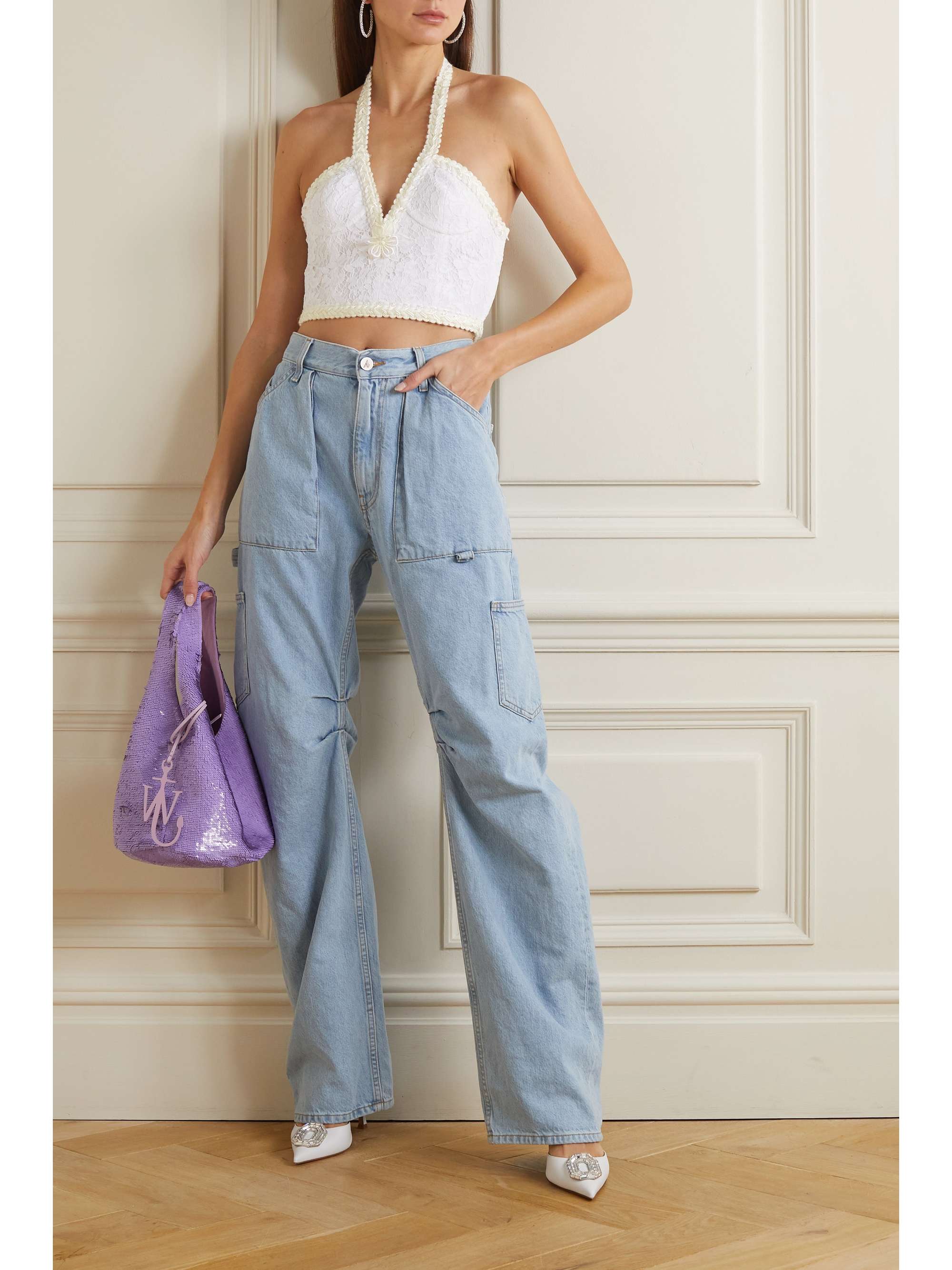 ALESSANDRA RICH Cropped embroidered cotton-blend lace halterneck bustier top