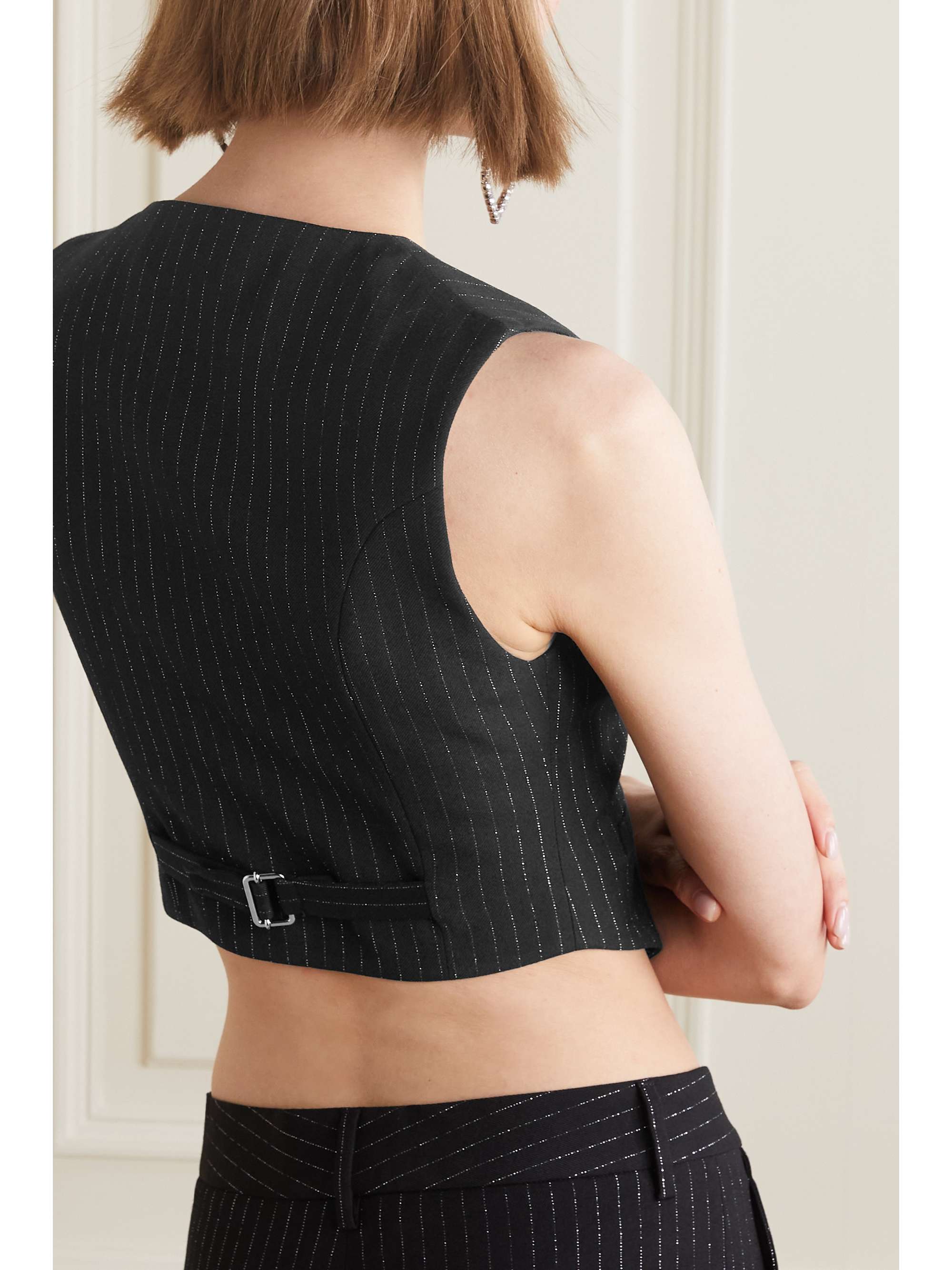 ALESSANDRA RICH Cropped crystal-embellished pinstriped metallic wool-blend twill vest