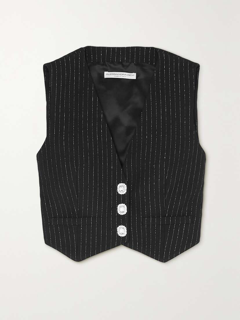 Alessandra Rich Cropped Crystal-embellished Pinstriped Metallic Wool-blend Twill Vest