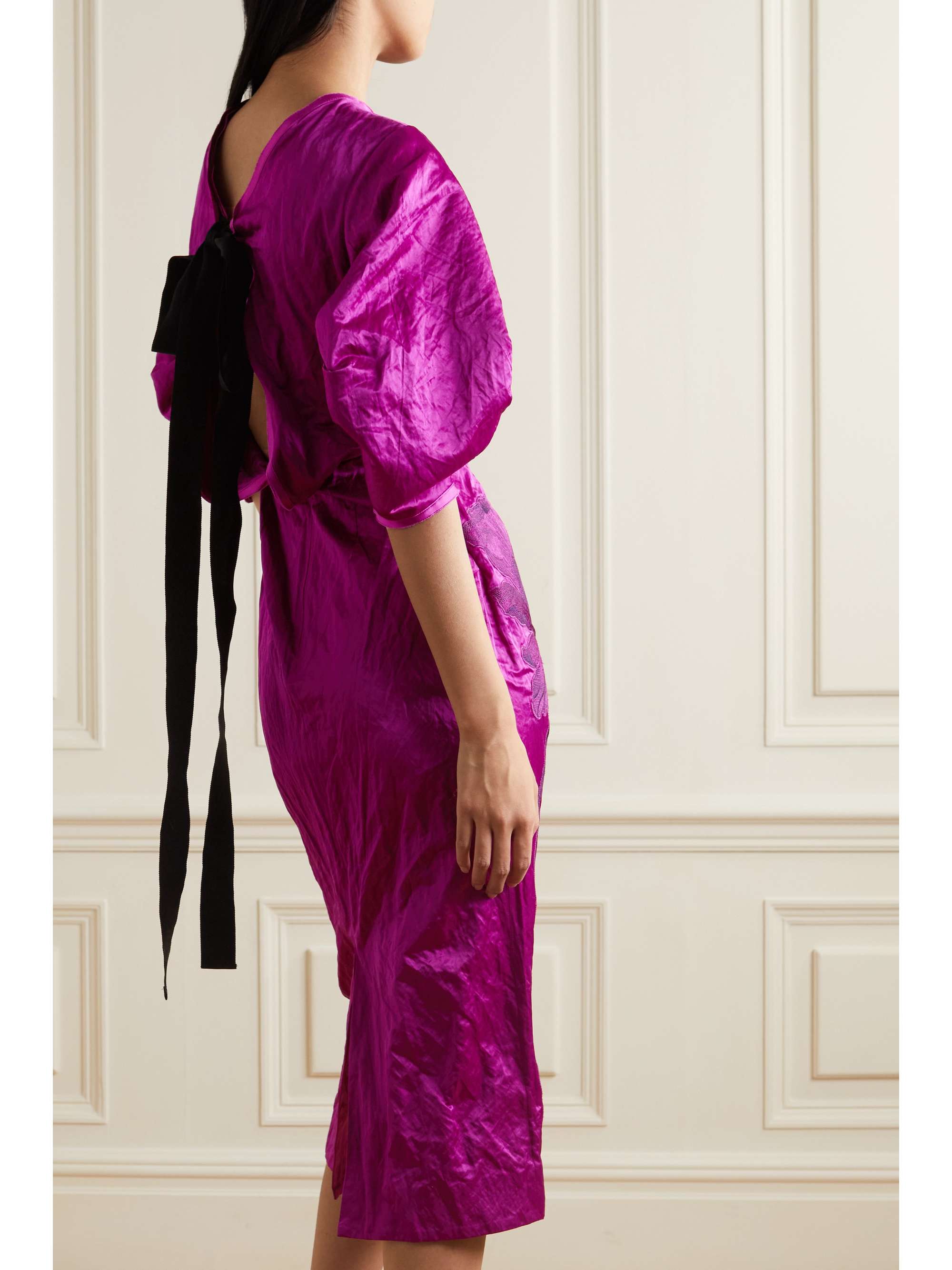 ERDEM Sandrine 蝴蝶结细节贴花纹理缎布中长连衣裙