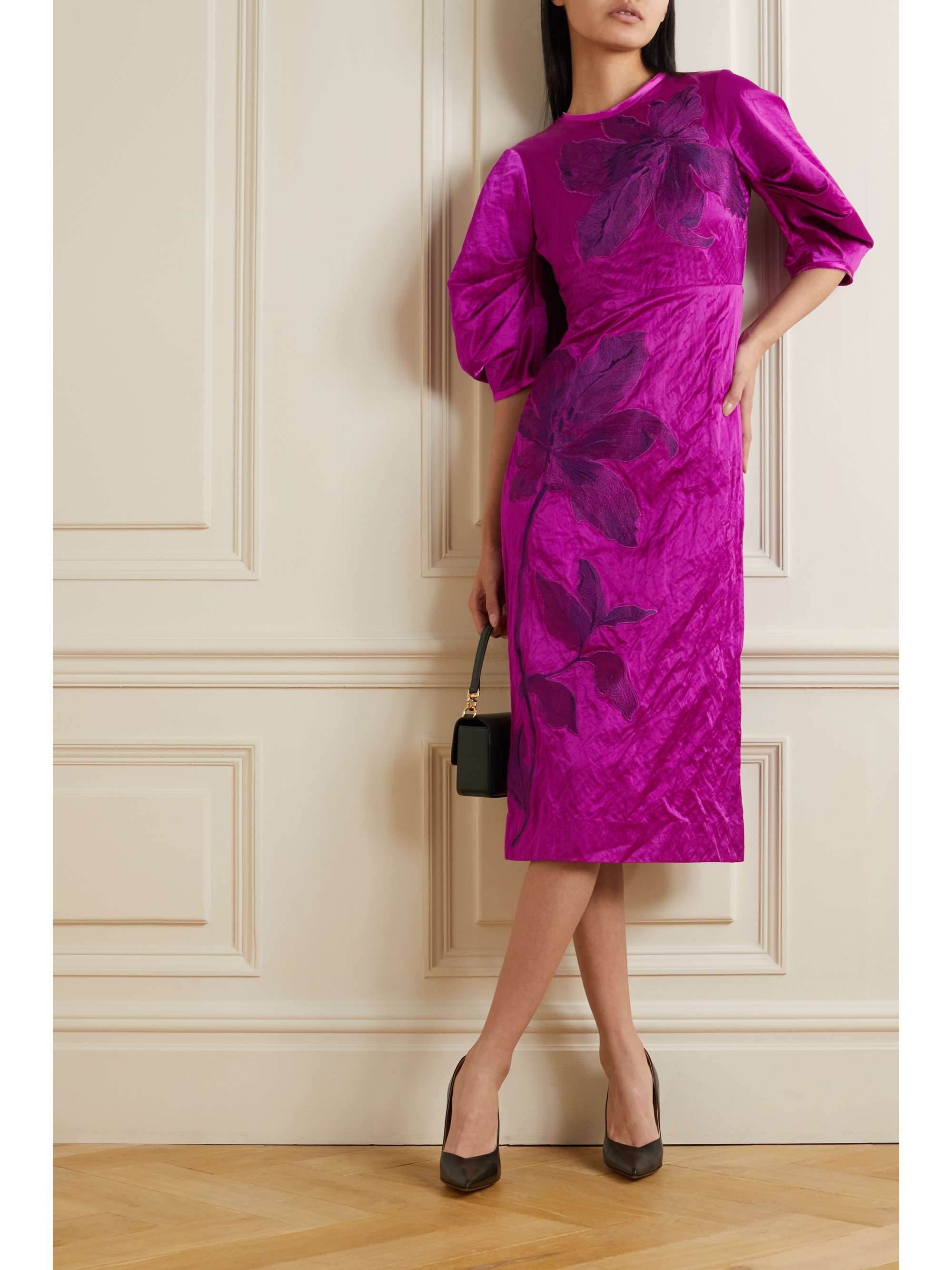 ERDEM Sandrine 蝴蝶结细节贴花纹理缎布中长连衣裙