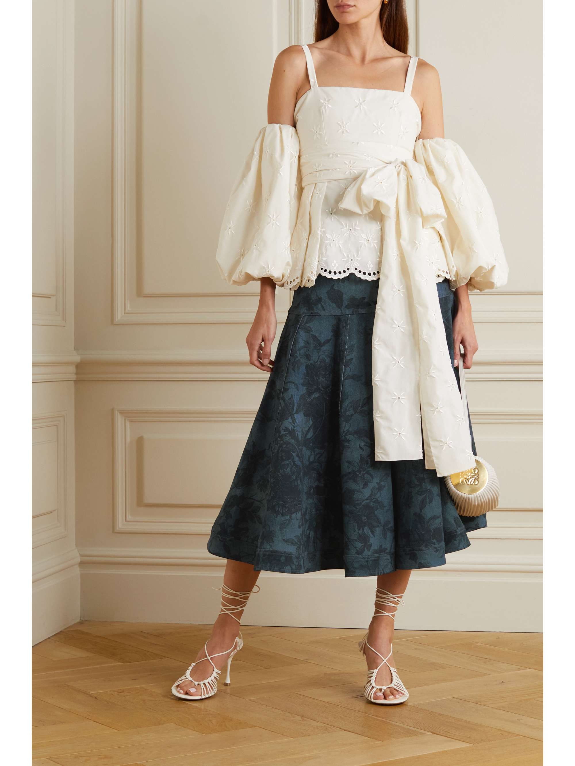ERDEM Lacey floral-print denim midi skirt