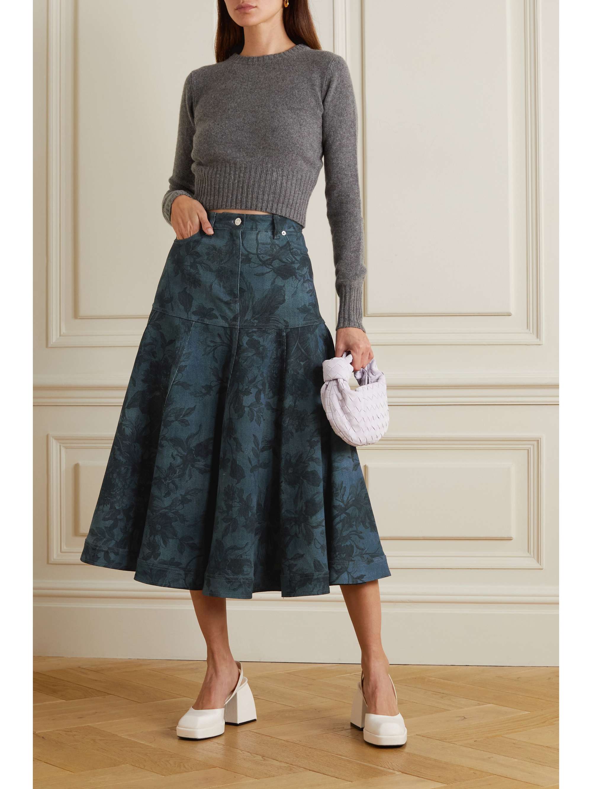 ERDEM Lacey floral-print denim midi skirt