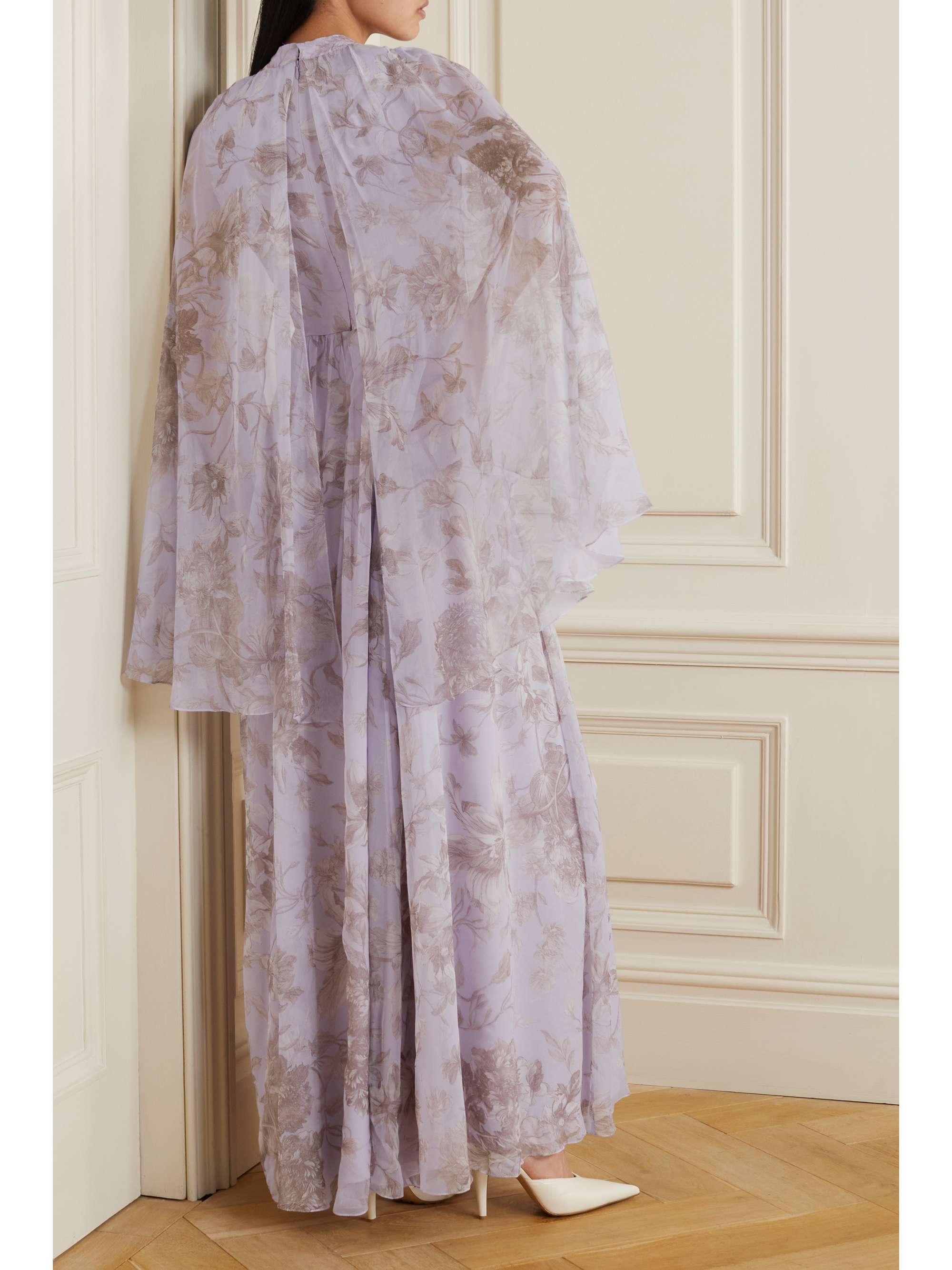 ERDEM Chiara 系带细节披风效果印花巴里纱礼服