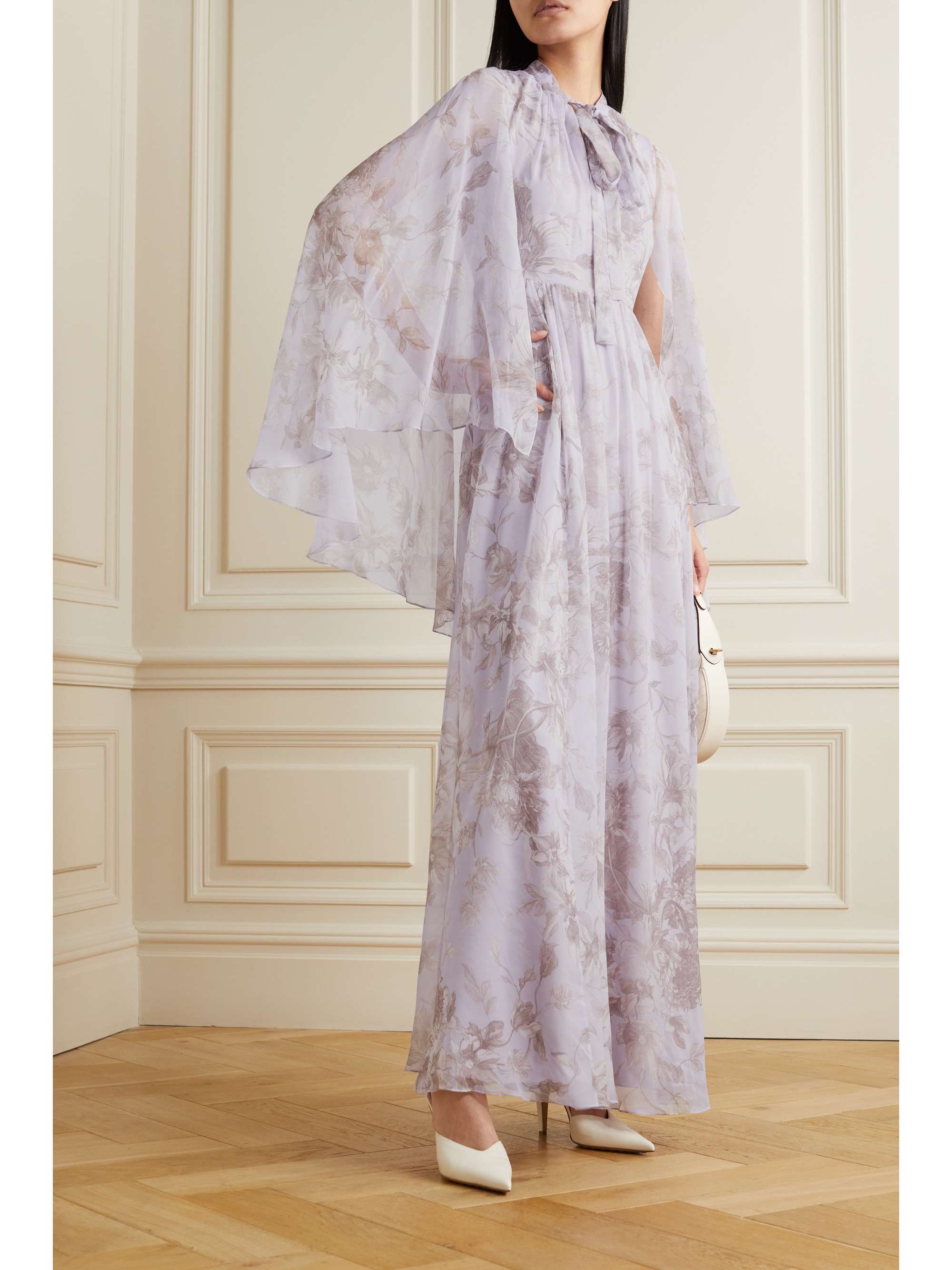 ERDEM Chiara 系带细节披风效果印花巴里纱礼服