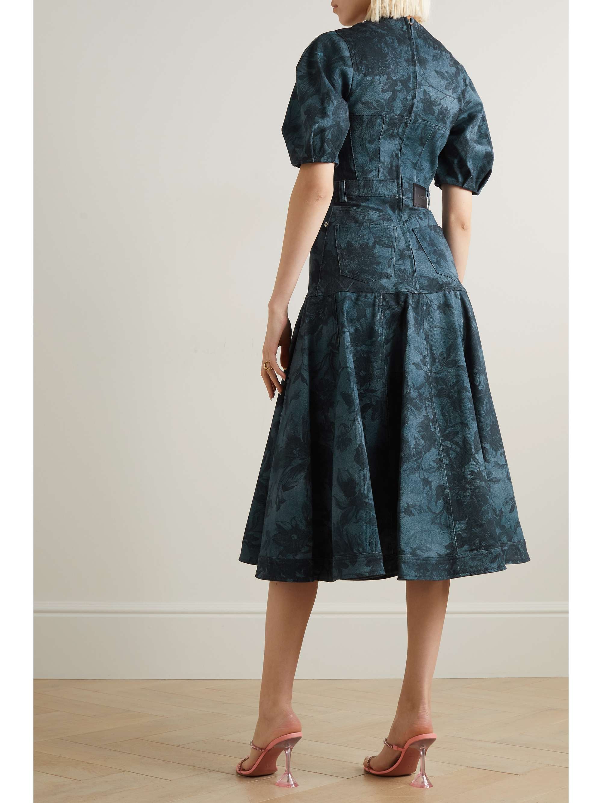 ERDEM Lorelei pleated floral-print denim midi dress