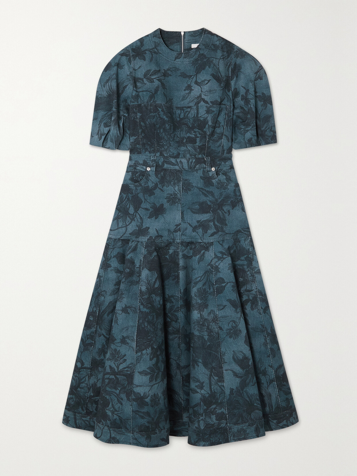 Shop Erdem Lorelei Pleated Floral-print Denim Midi Dress In Blue