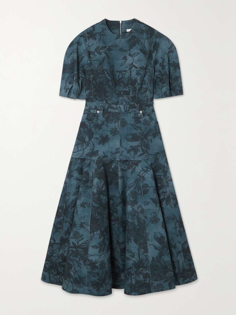 Erdem Lorelei Pleated Floral-print Denim Midi Dress