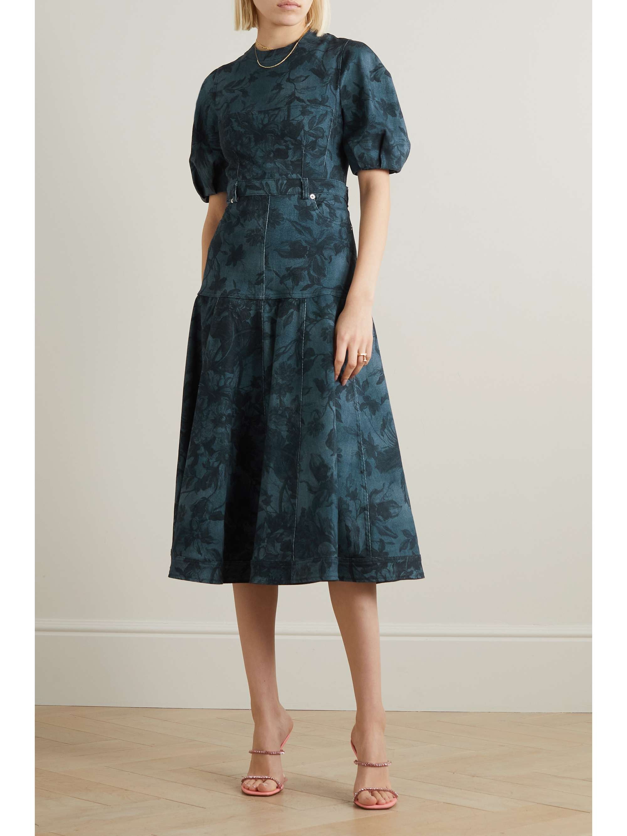 ERDEM Lorelei pleated floral-print denim midi dress