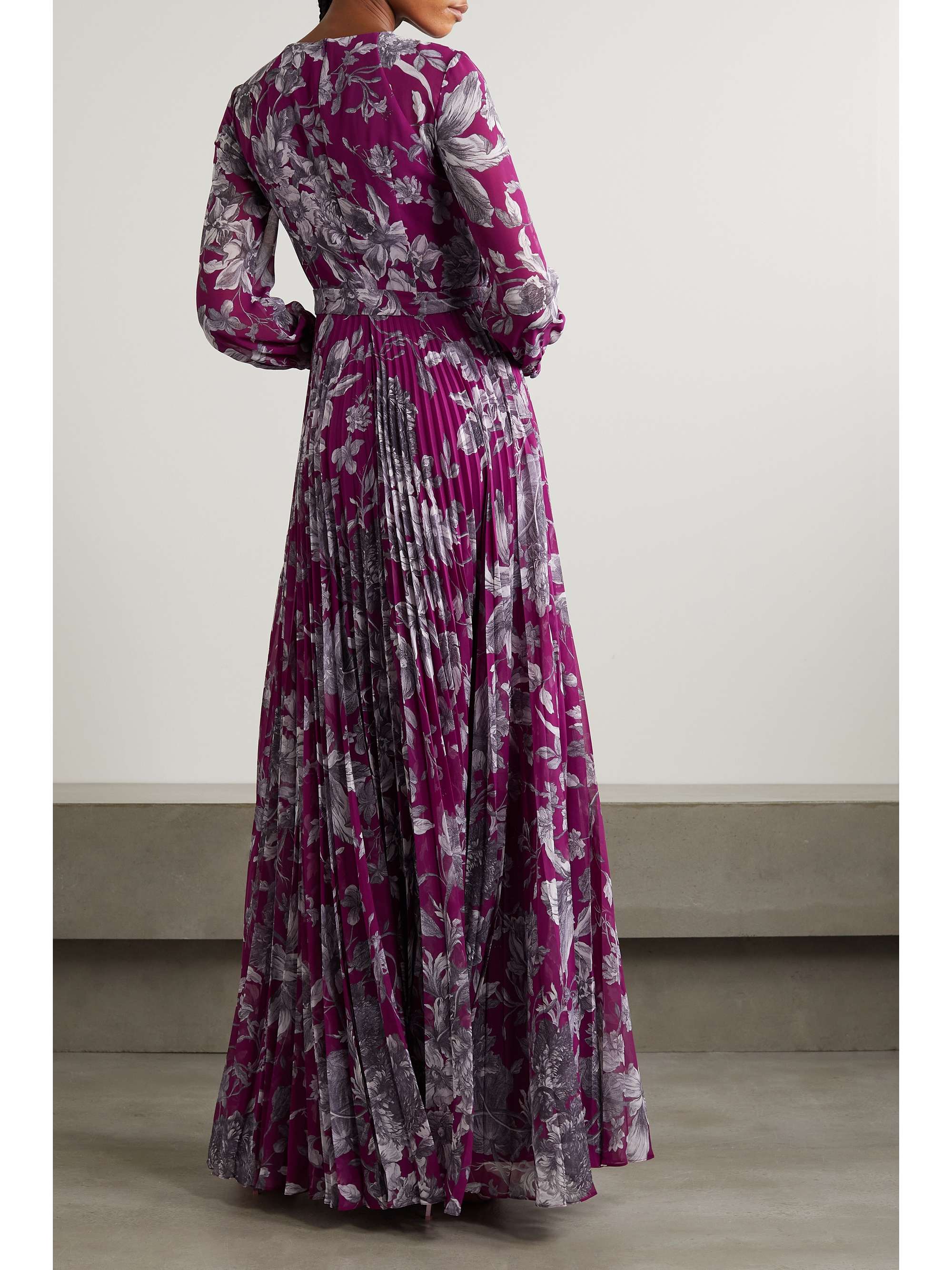 ERDEM Lindsay 配腰带褶裥花卉印花巴里纱礼服