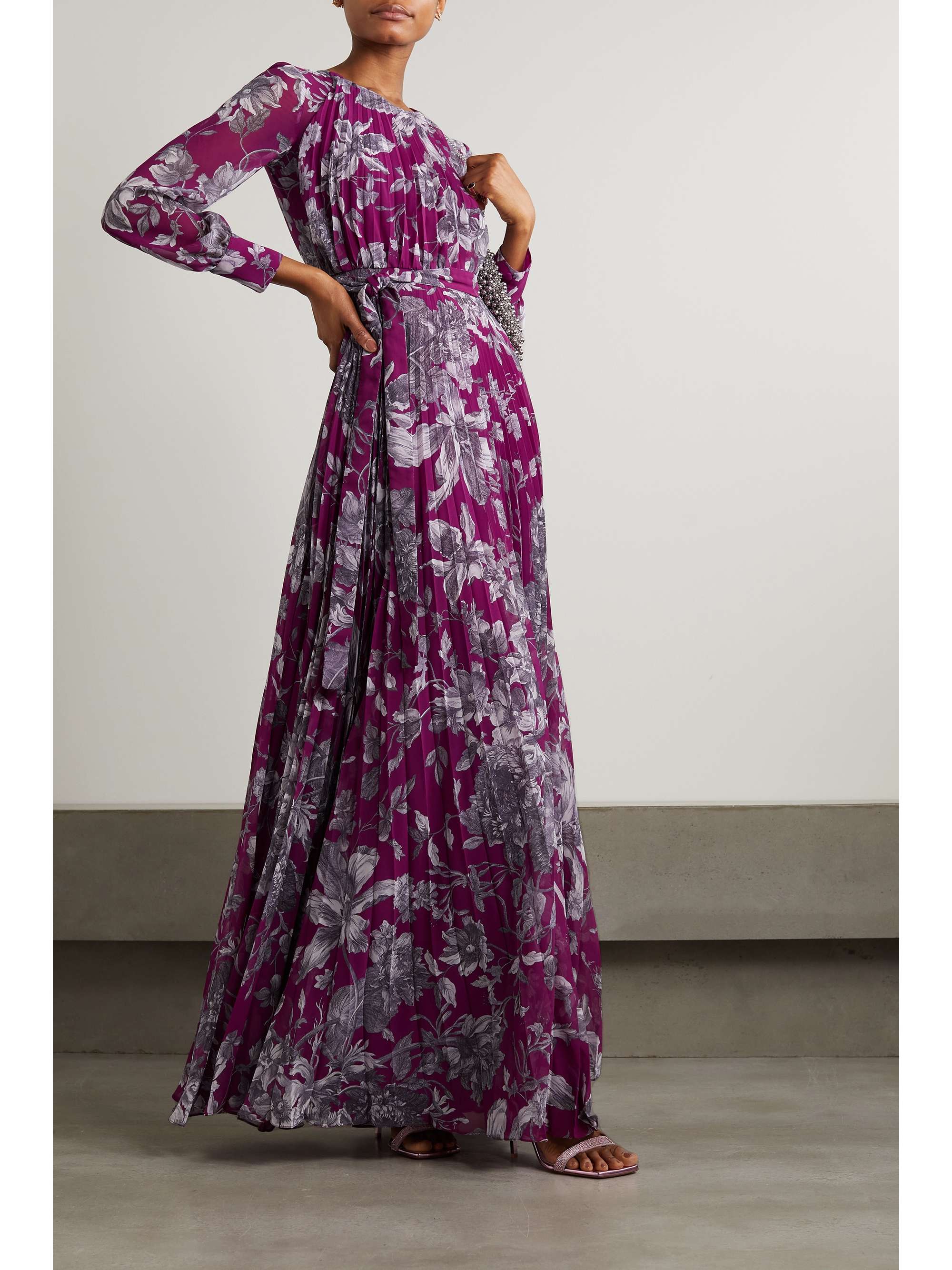ERDEM Lindsay 配腰带褶裥花卉印花巴里纱礼服