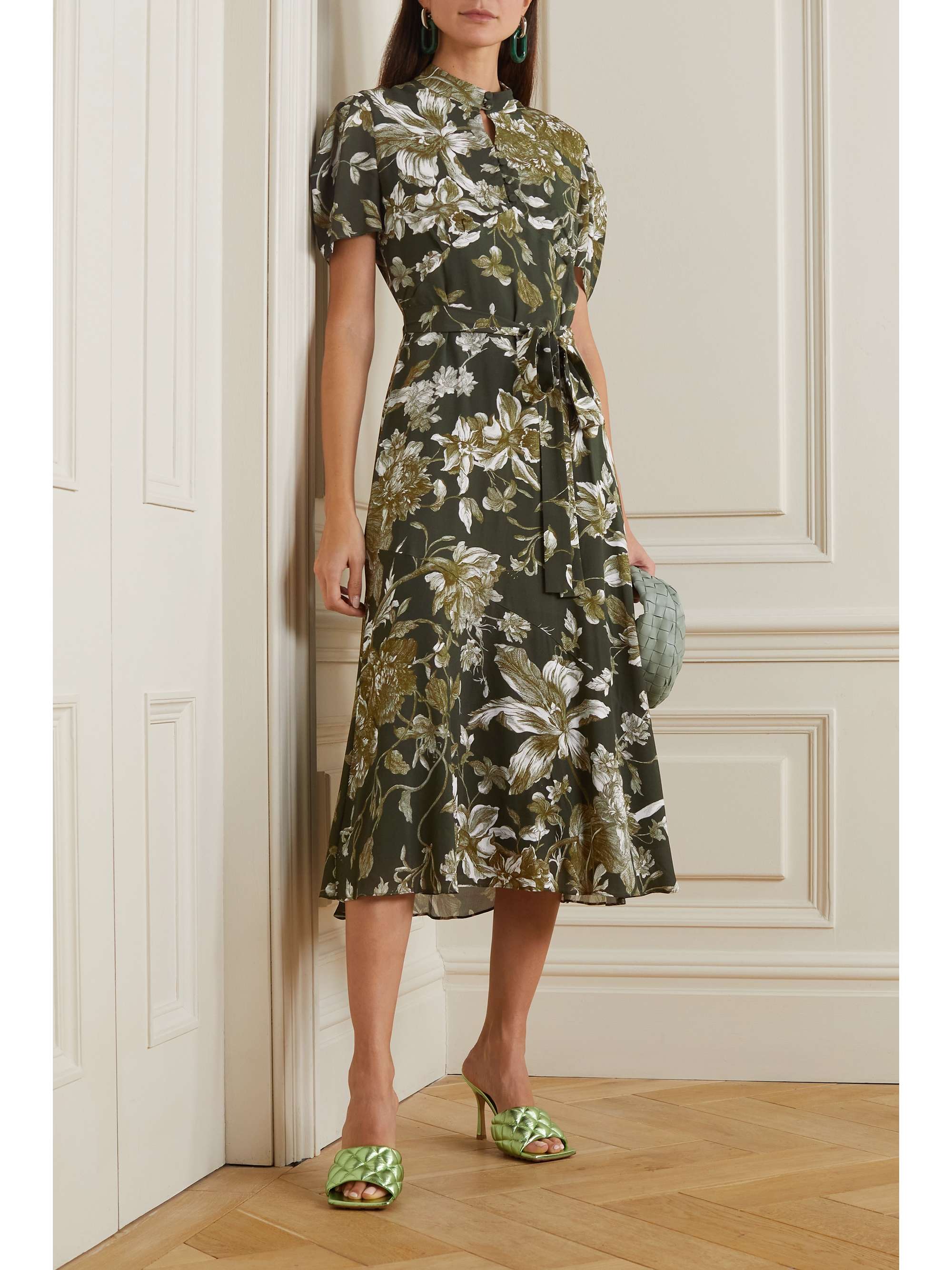 ERDEM Laurea 配腰带花卉印花绉纱中长连衣裙
