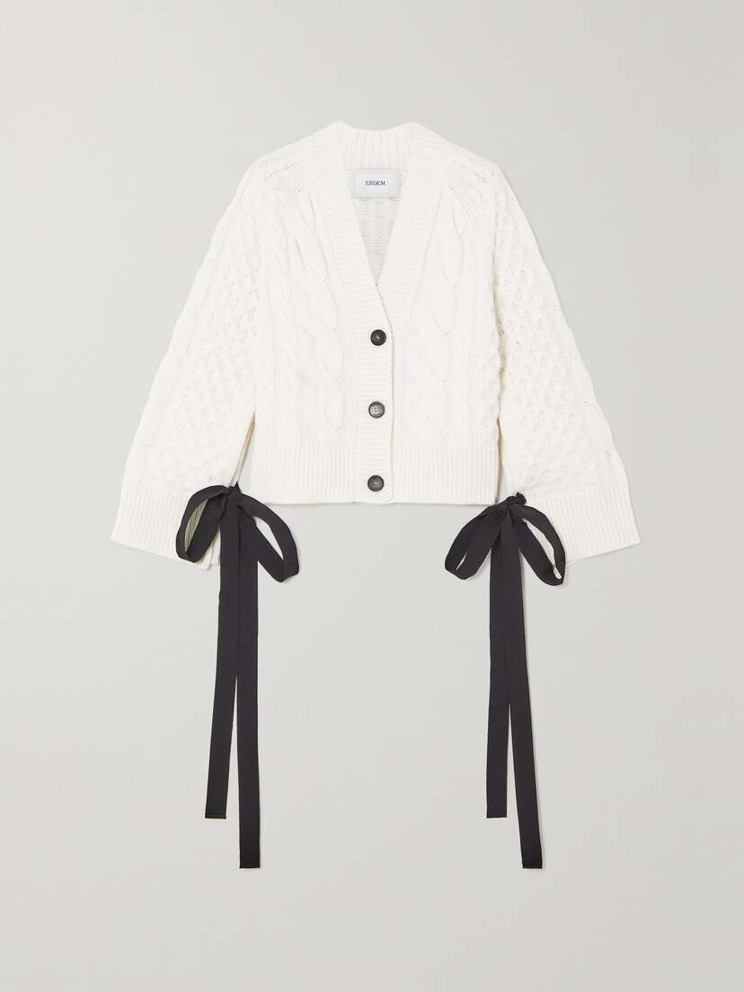 Erdem Agatha Tie-detailed Cable-knit Cardigan - x large