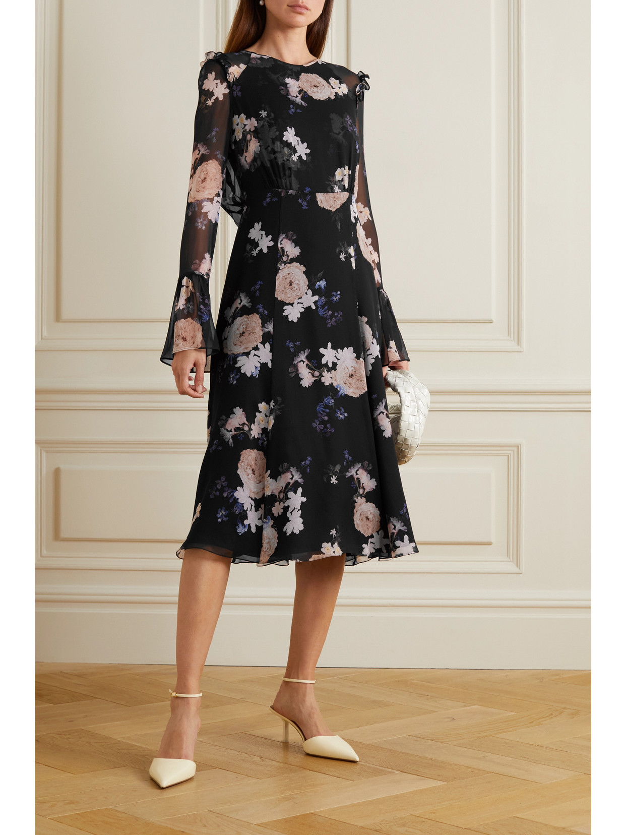 Shop Erdem Victoria Floral-print Silk-chiffon Midi Dress In Black