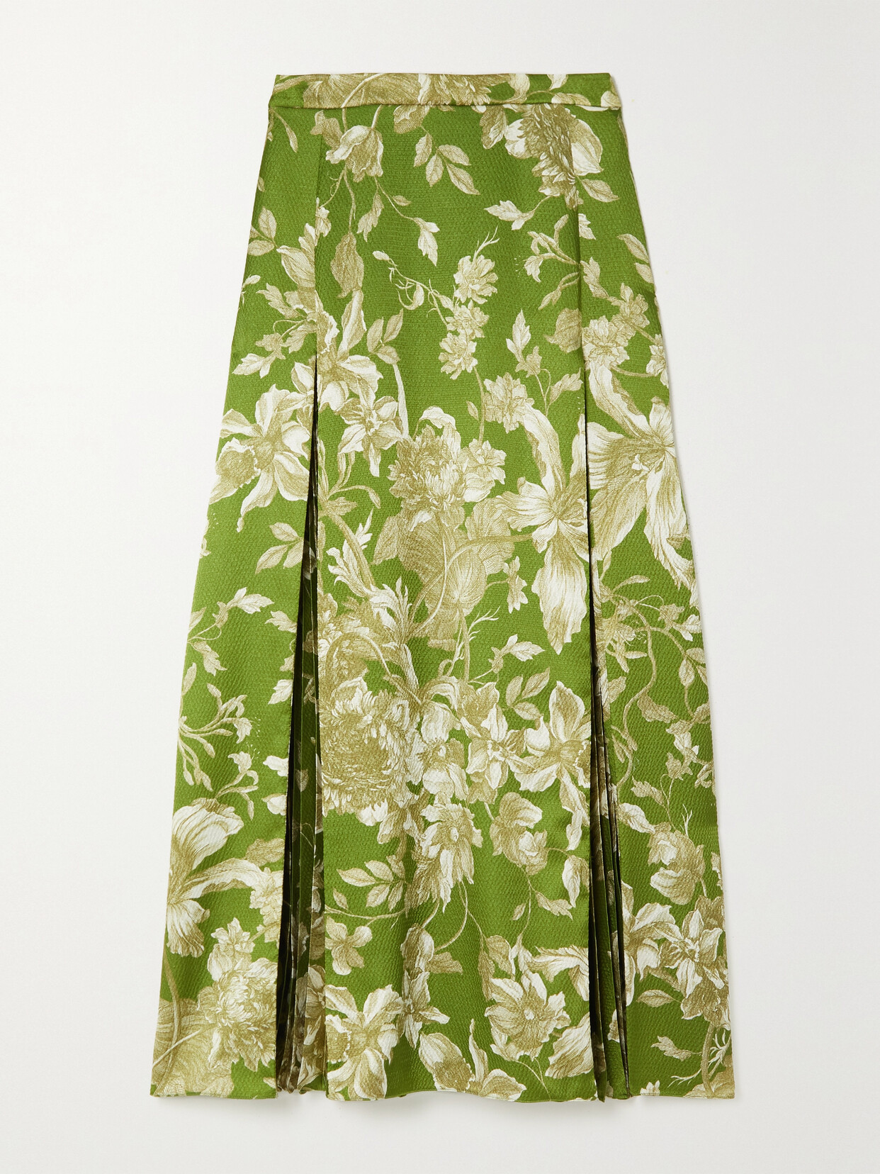 Erdem Flora Pleated Floral-print Hammered-satin Midi Skirt In Green