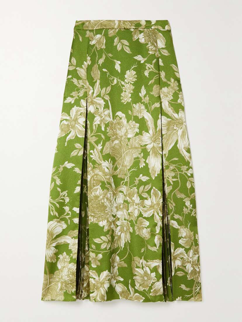 Erdem Flora Pleated Floral-print Hammered-satin Midi Skirt -  - UK 22