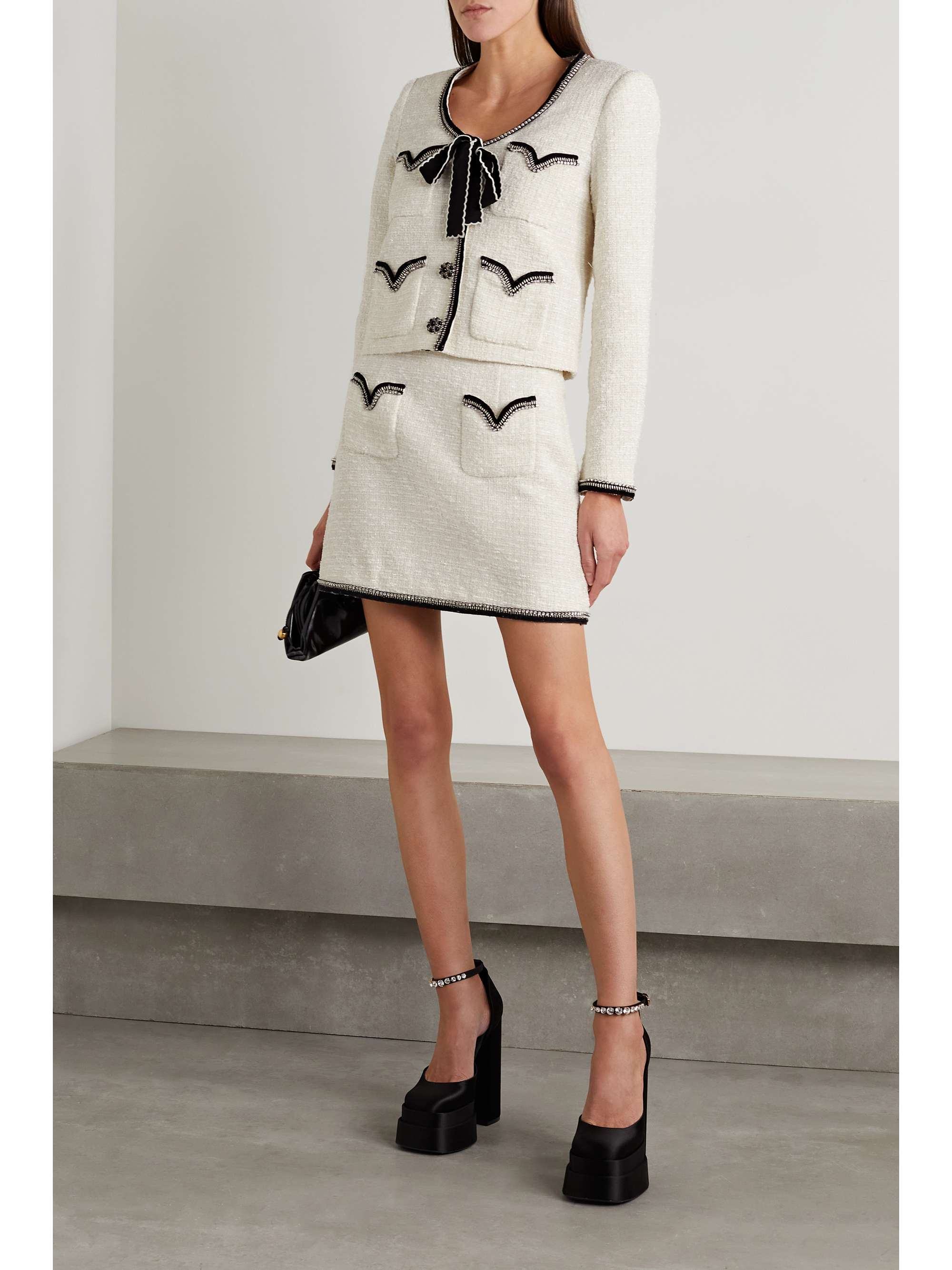 White Cropped embellished satintrimmed metallic bouclétweed jacket