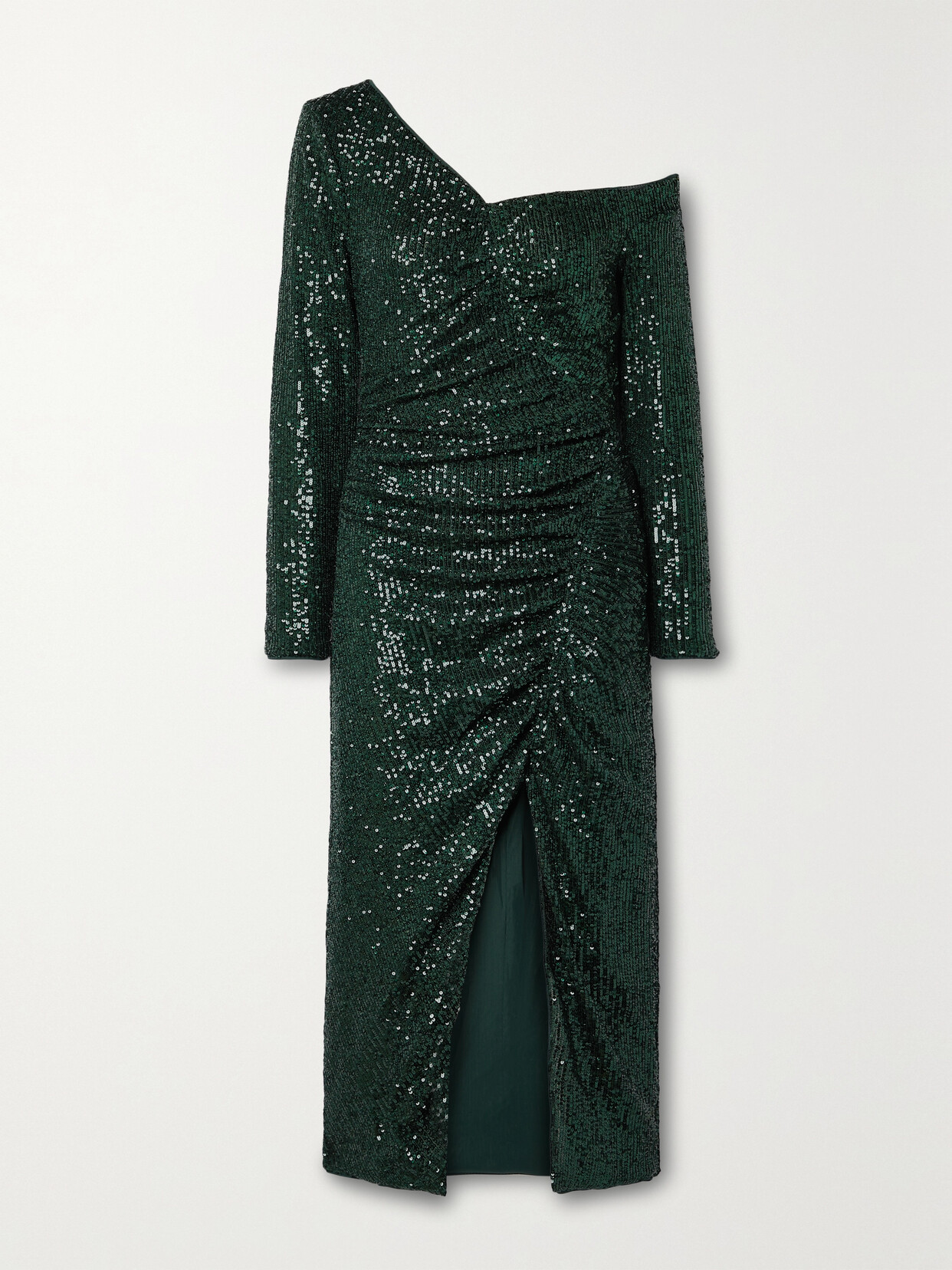 SELF-PORTRAIT ONE-SHOULDER RUCHED SEQUINED STRETCH-TULLE MIDI DRESS