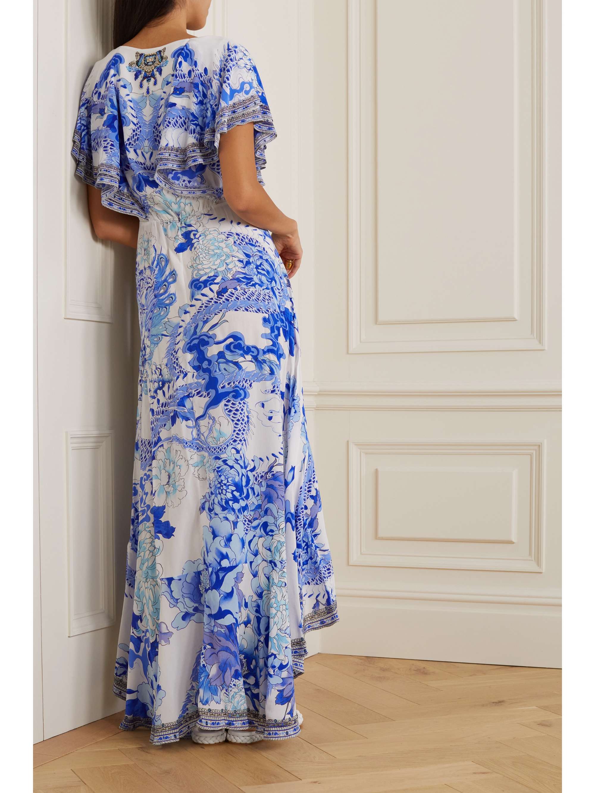 CAMILLA Crystal-embellished ruffled printed silk-satin asymmetric wrap dress