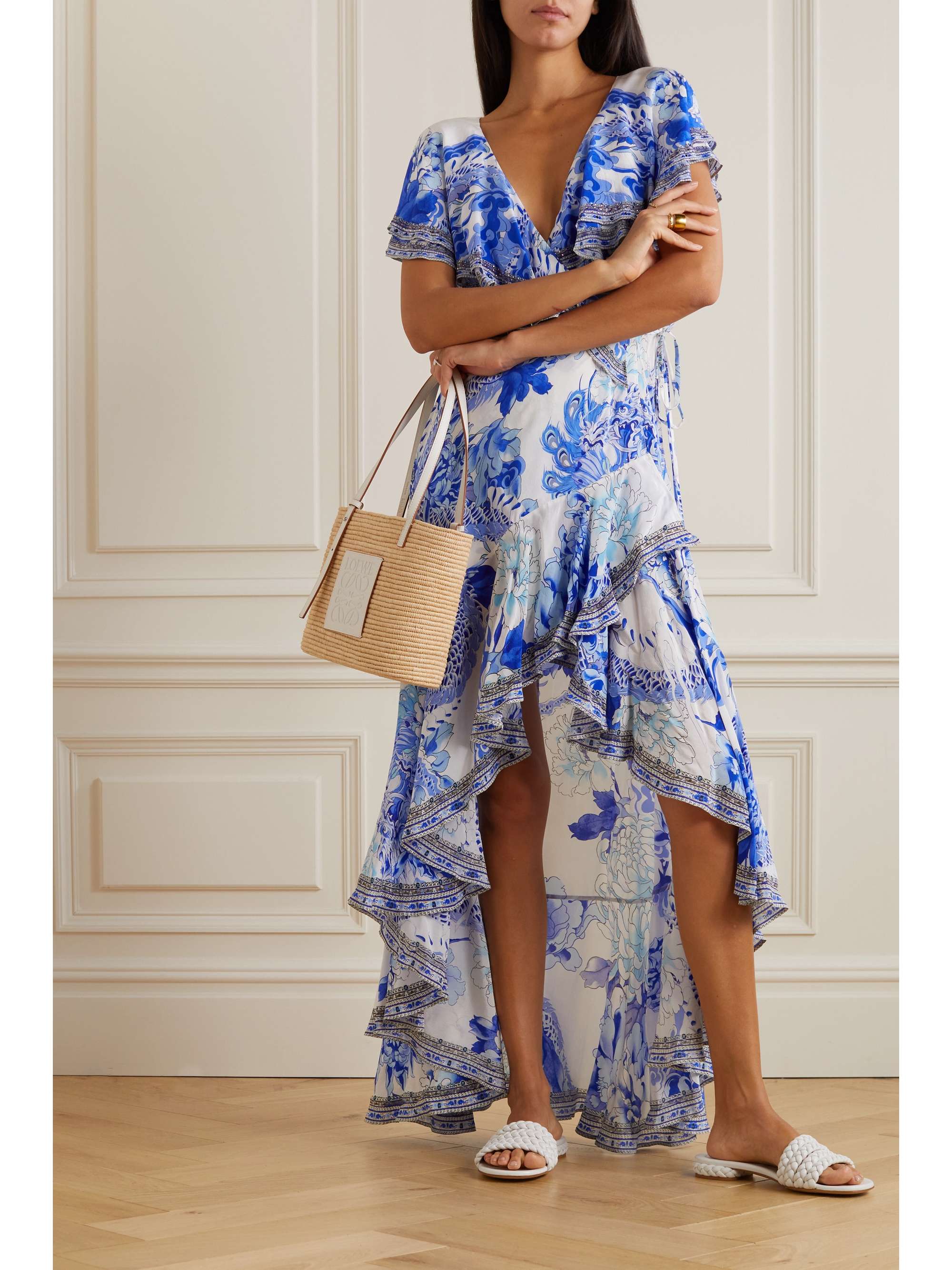 CAMILLA Crystal-embellished ruffled printed silk-satin asymmetric wrap dress