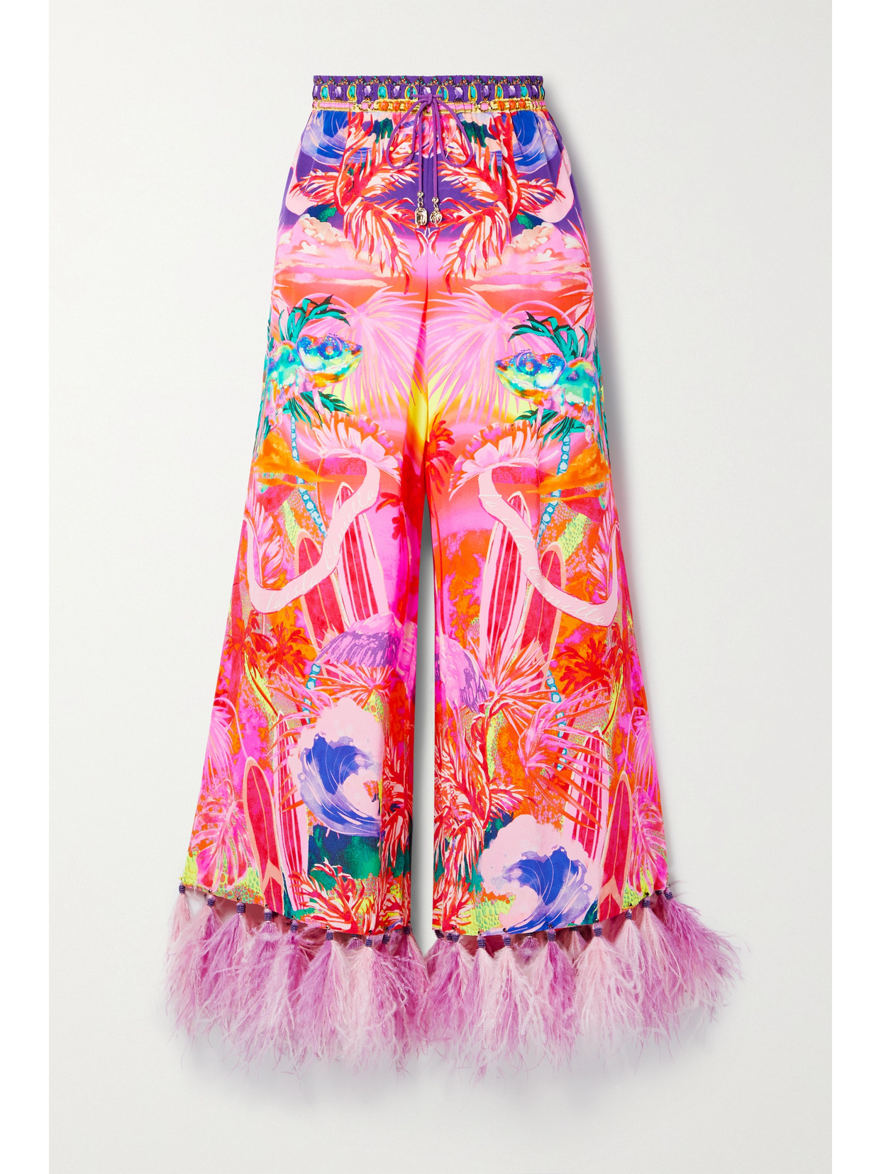 Camilla - Cropped Feather-trimmed Embellished Duchesse Silk-satin Wide-leg Pants - Pink