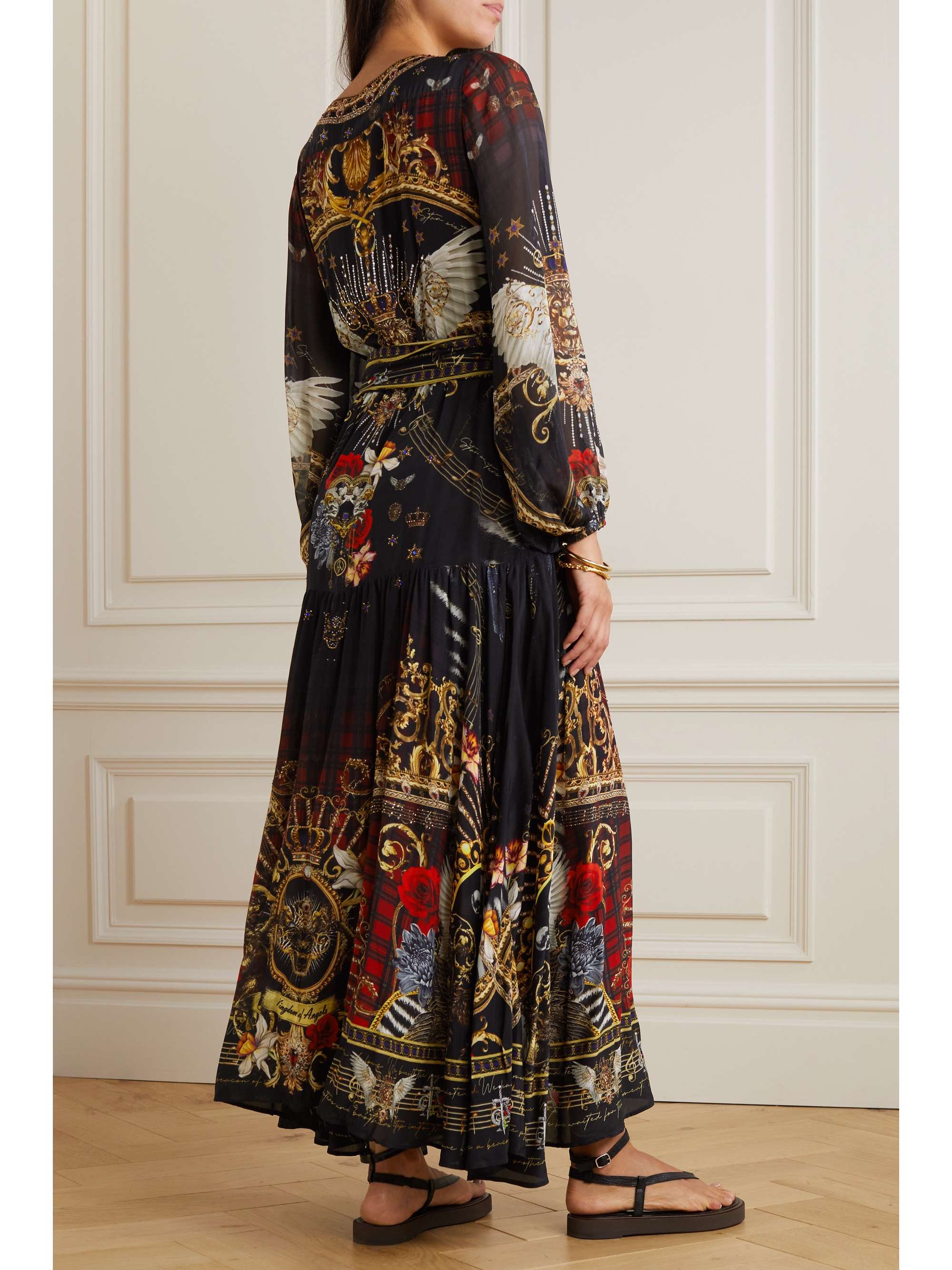 CAMILLA Belted embellished printed silk crepe de chine maxi dress