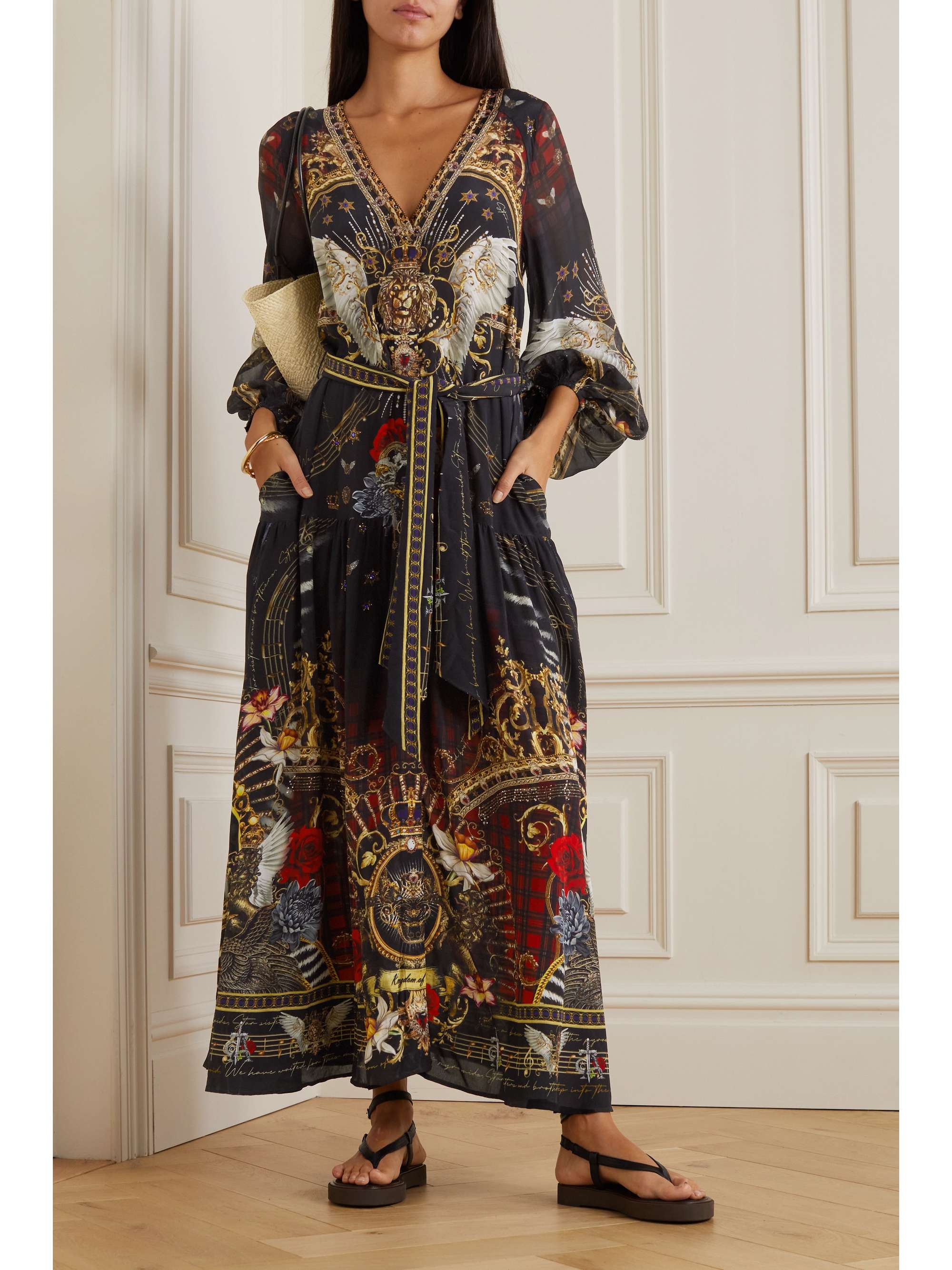 CAMILLA Belted embellished printed silk crepe de chine maxi dress