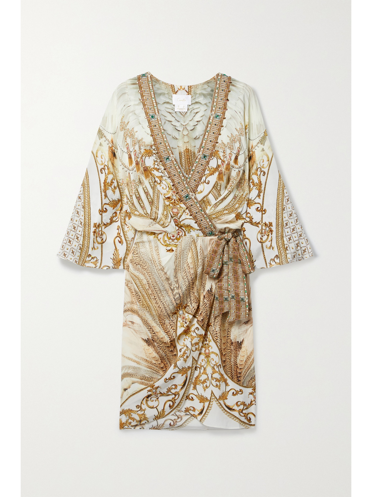 Camilla - Crystal-embellished Printed Silk Crepe De Chine Mini Wrap Dress - Gold