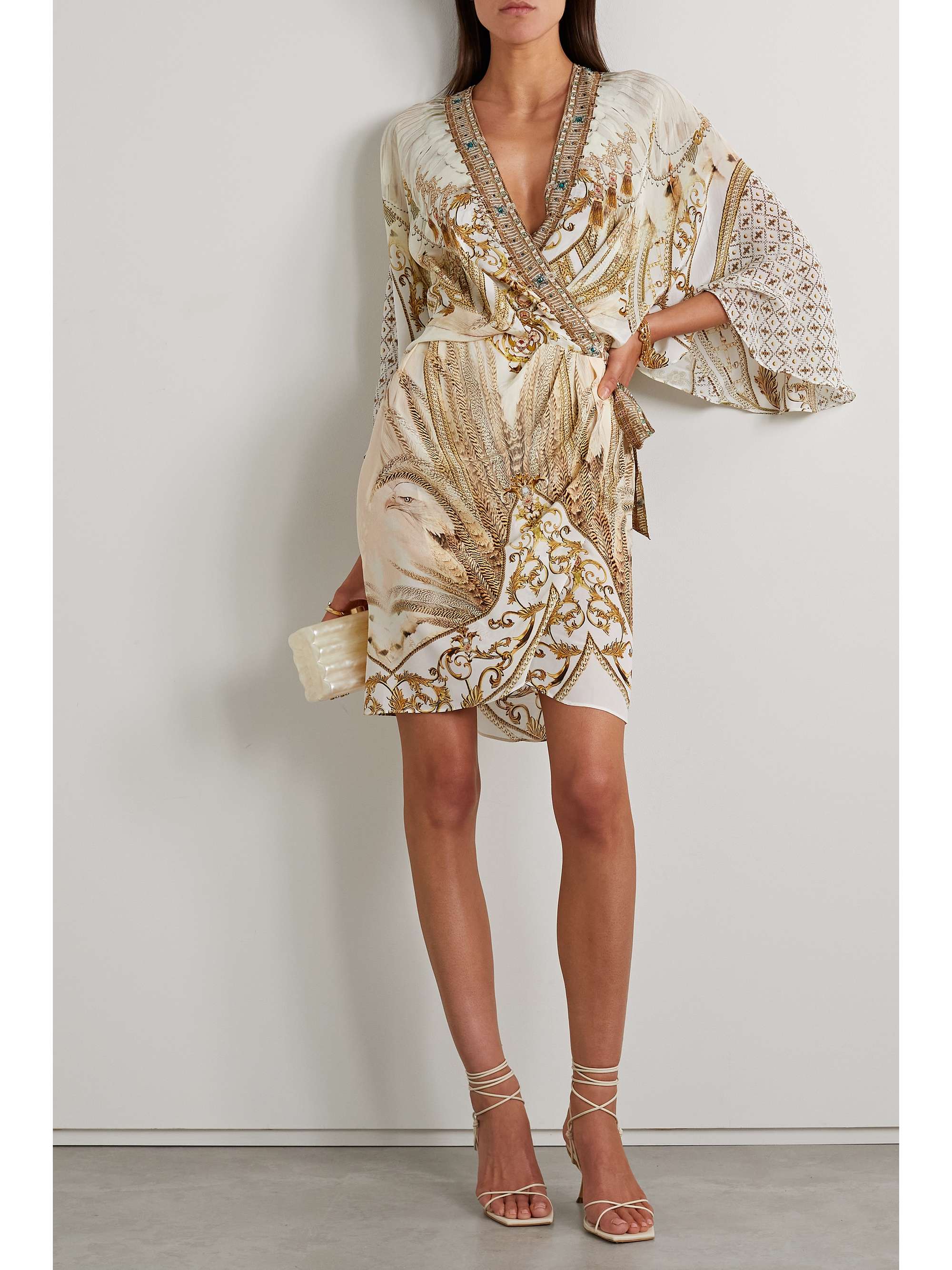 CAMILLA Crystal-embellished printed silk crepe de chine mini wrap dress
