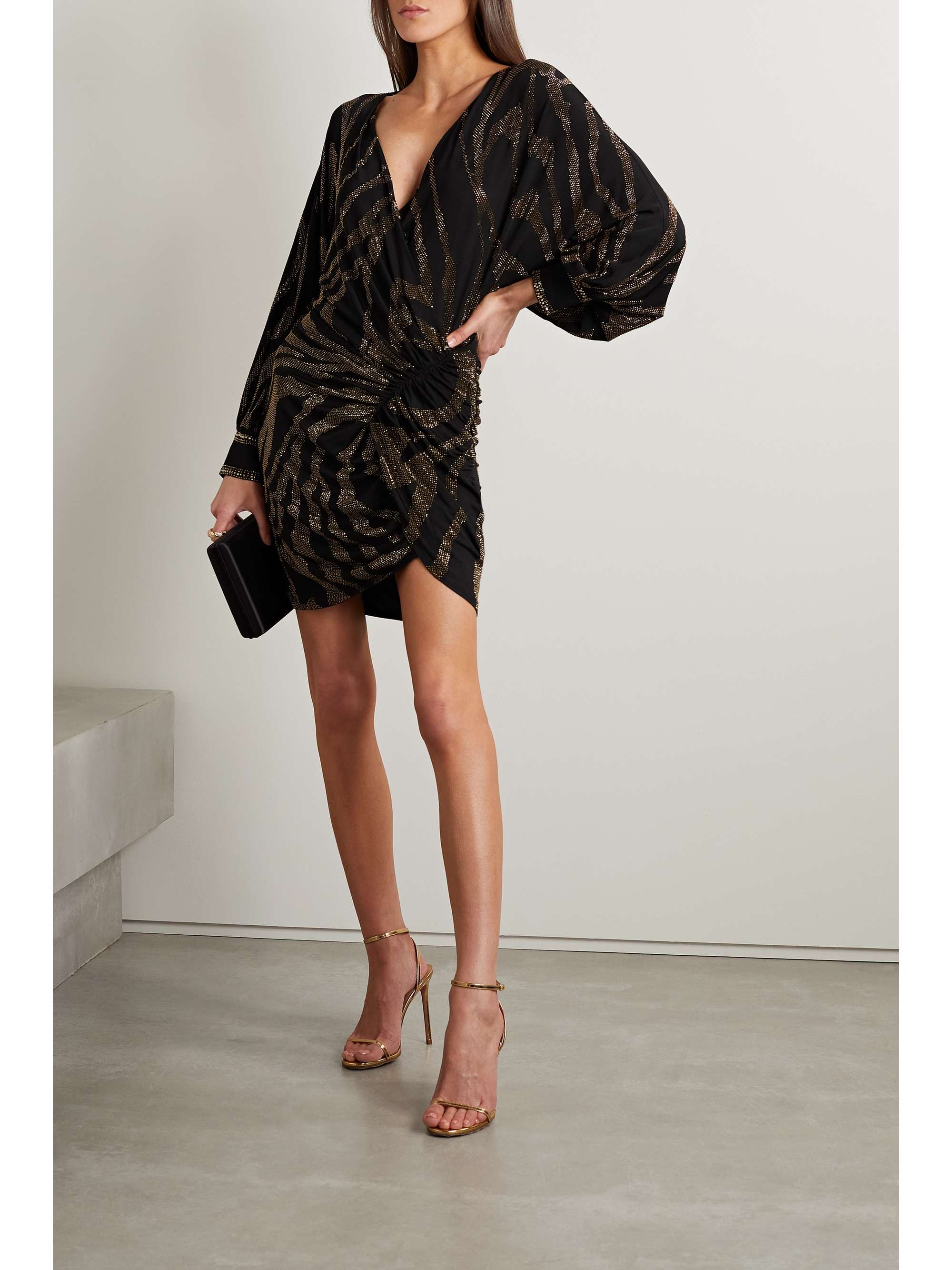 CAMILLA Ruched wrap-effect crystal-embellished stretch-jersey mini dress