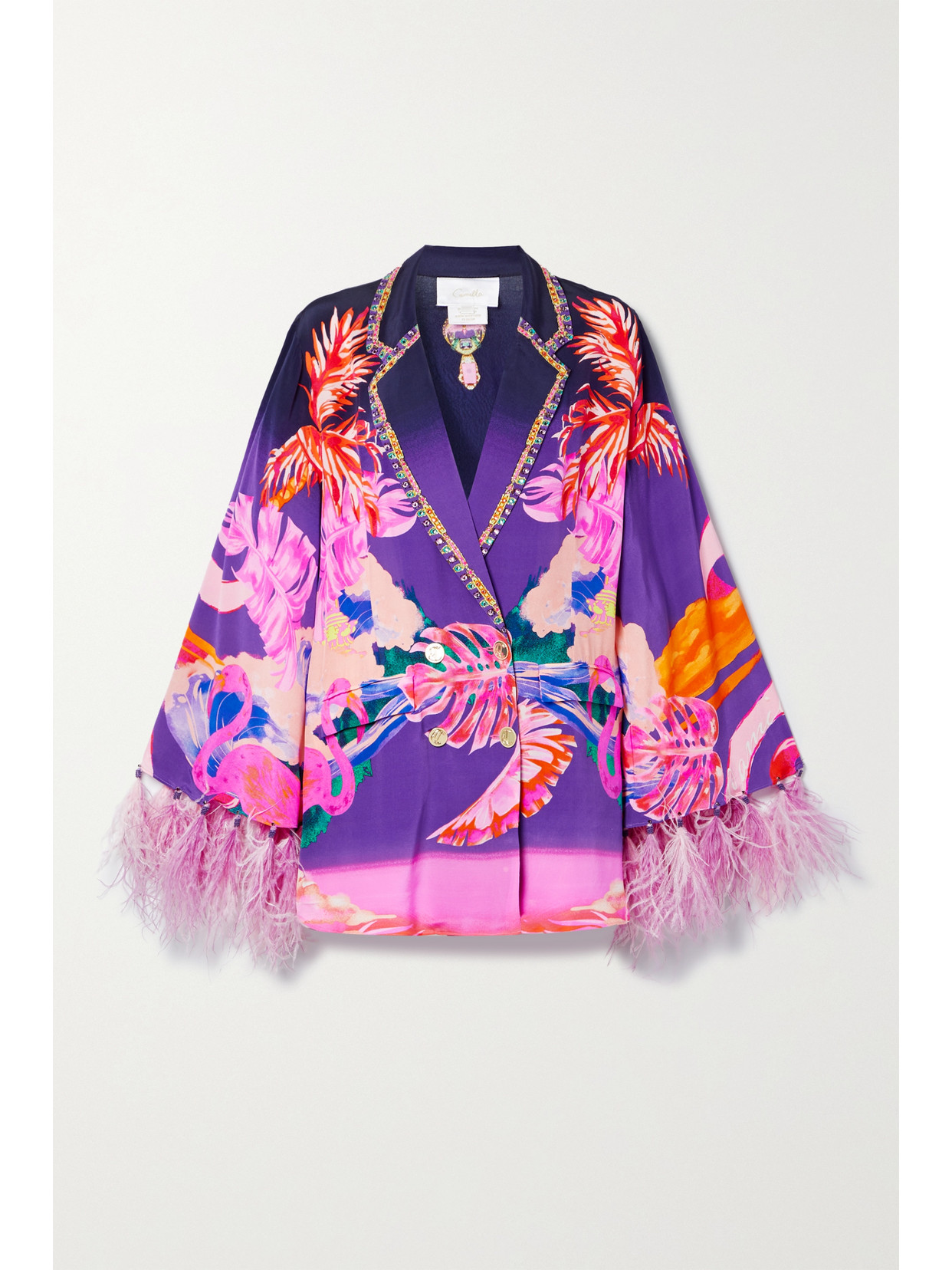 Camilla - Double-breasted Feather-trimmed Printed Duchesse Silk-satin Blazer - Pink