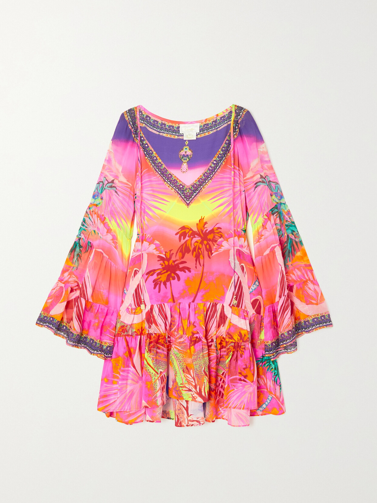 Camilla - Crystal-embellished Tiered Printed Silk Coverup - Pink