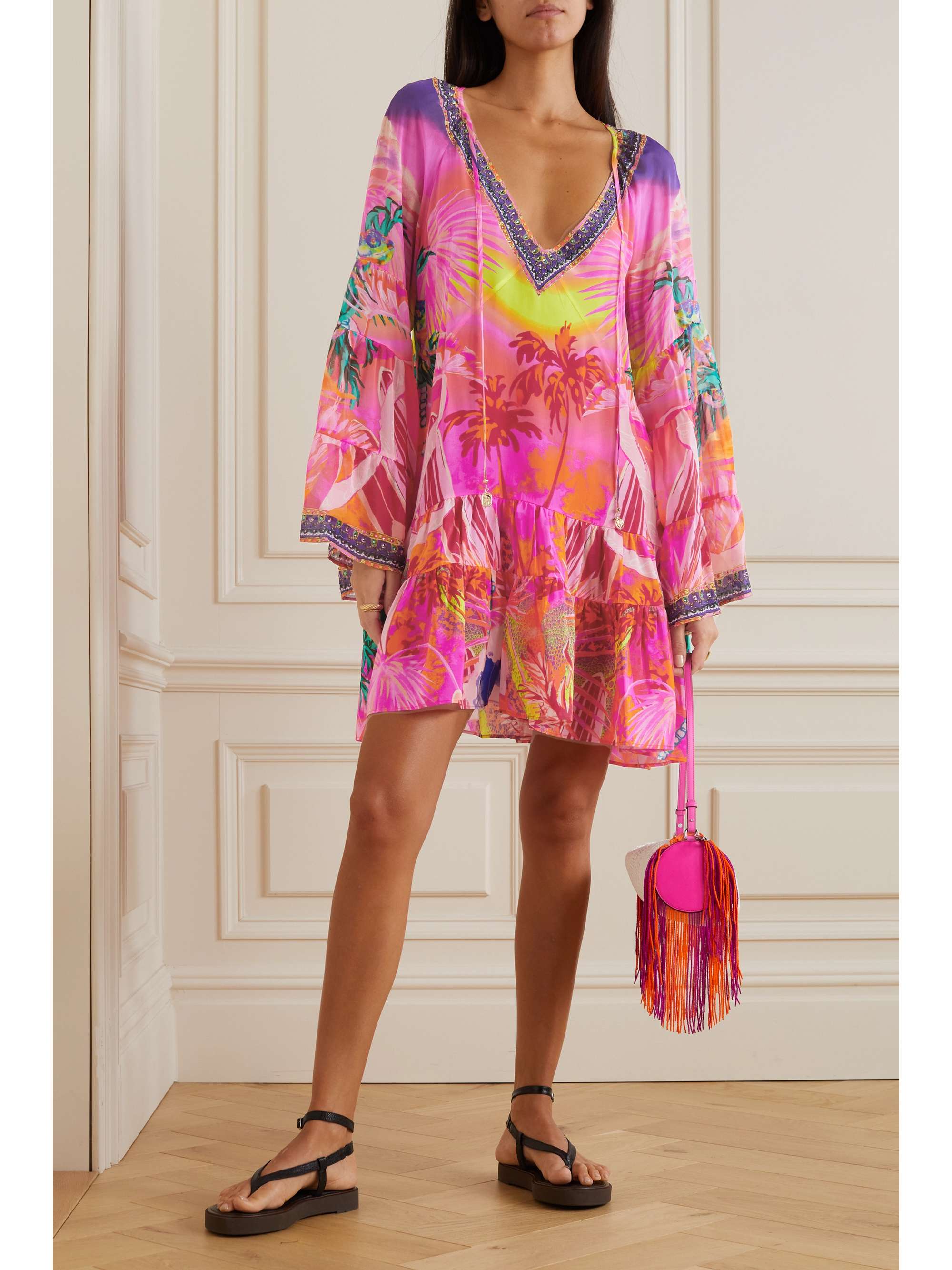 CAMILLA Crystal-embellished tiered printed silk coverup