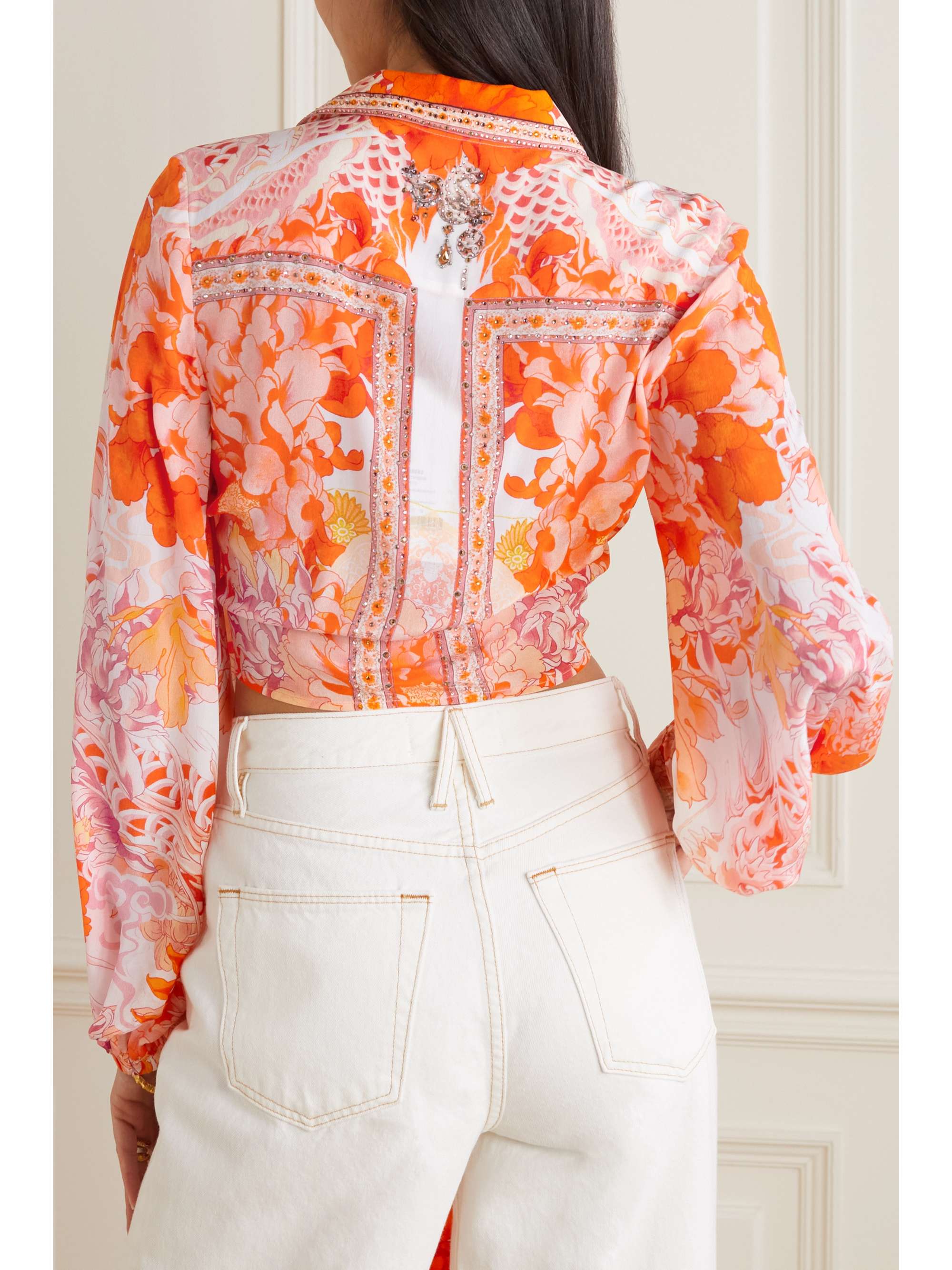 CAMILLA Cropped tie-front crystal-embellished printed silk-satin shirt