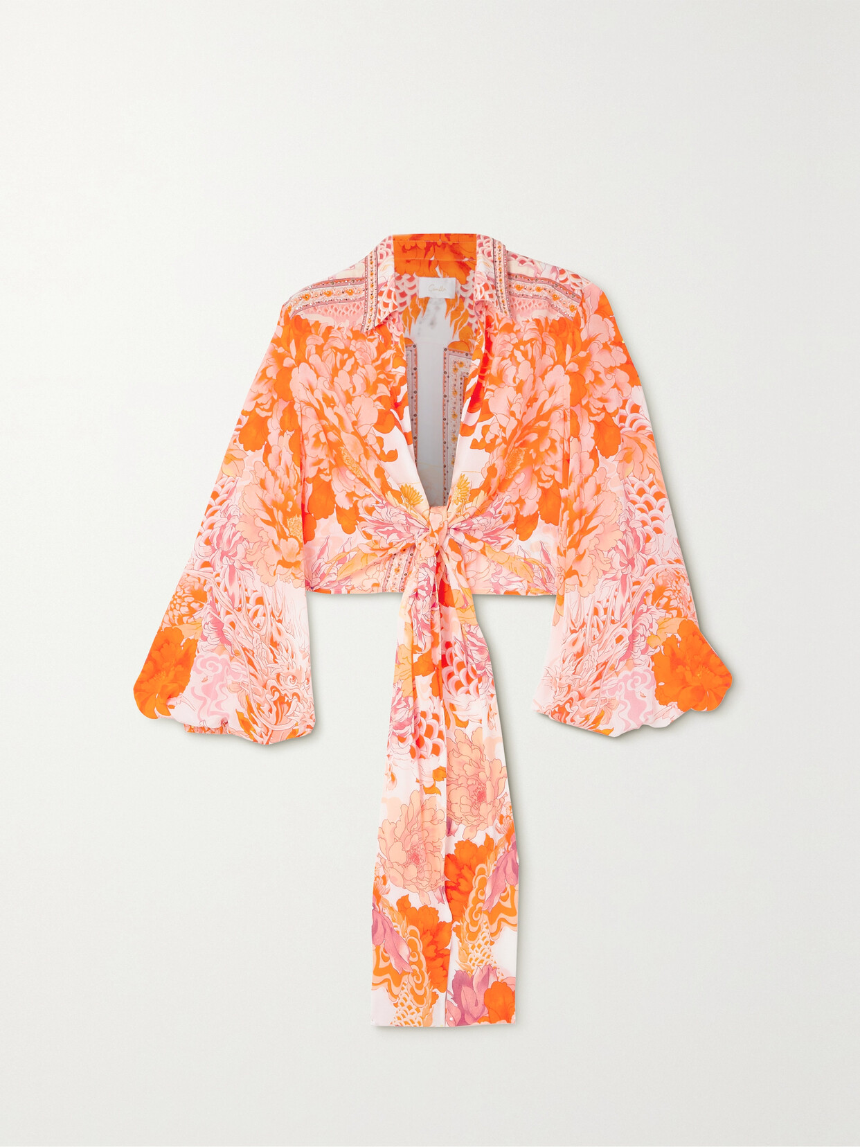 Camilla - Cropped Tie-front Crystal-embellished Printed Silk-satin Shirt - Orange