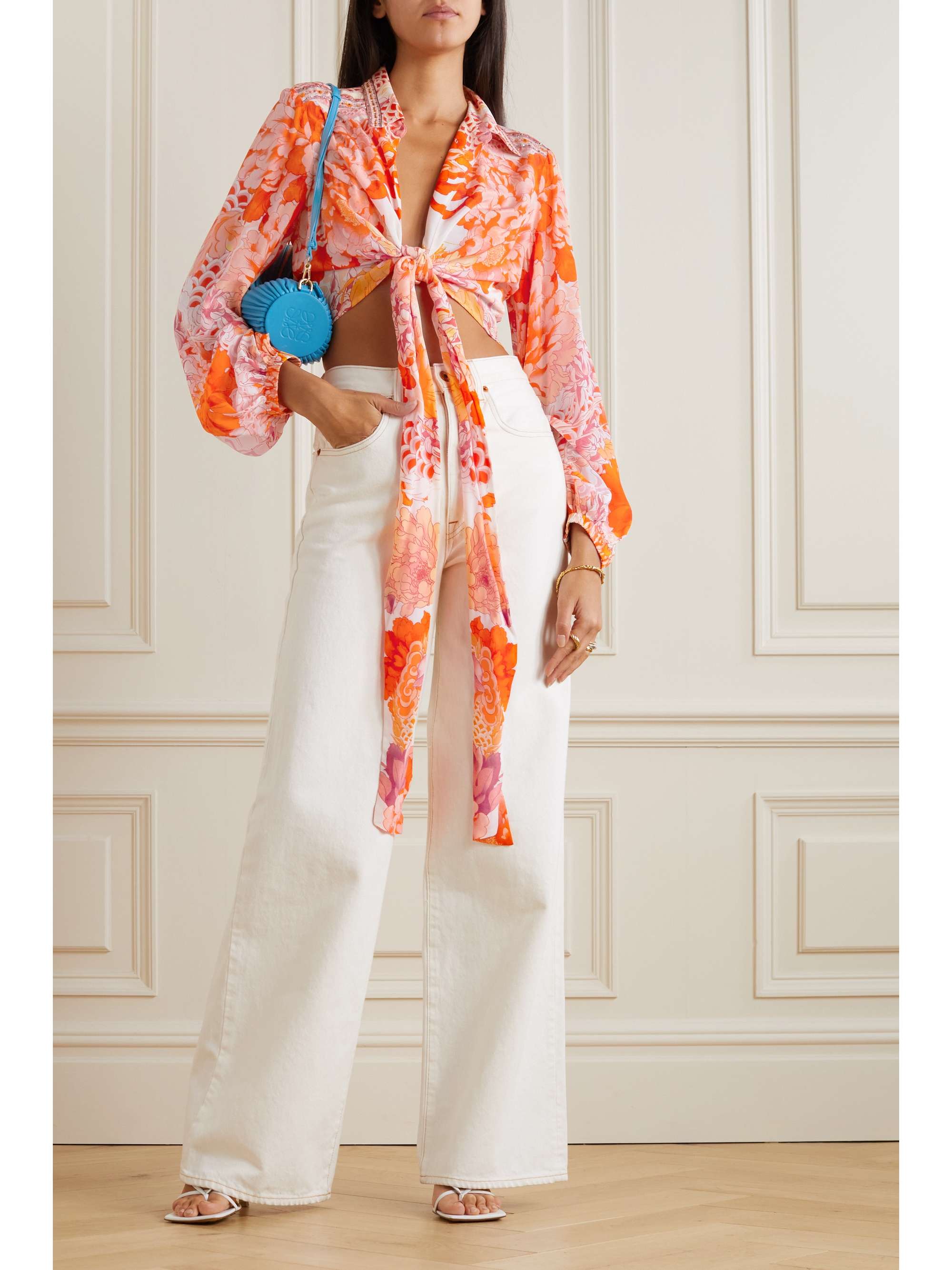 CAMILLA Cropped tie-front crystal-embellished printed silk-satin shirt