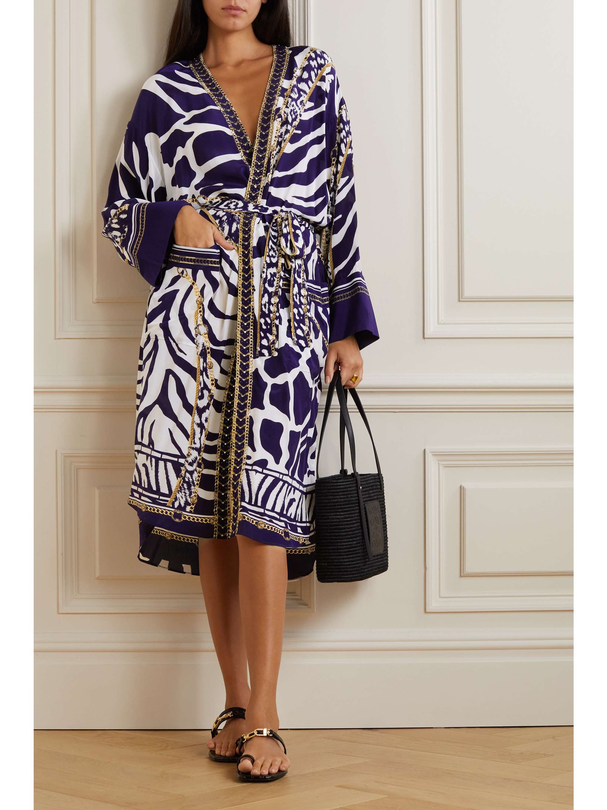 CAMILLA Belted crystal-embellished printed silk crepe de chine coverup