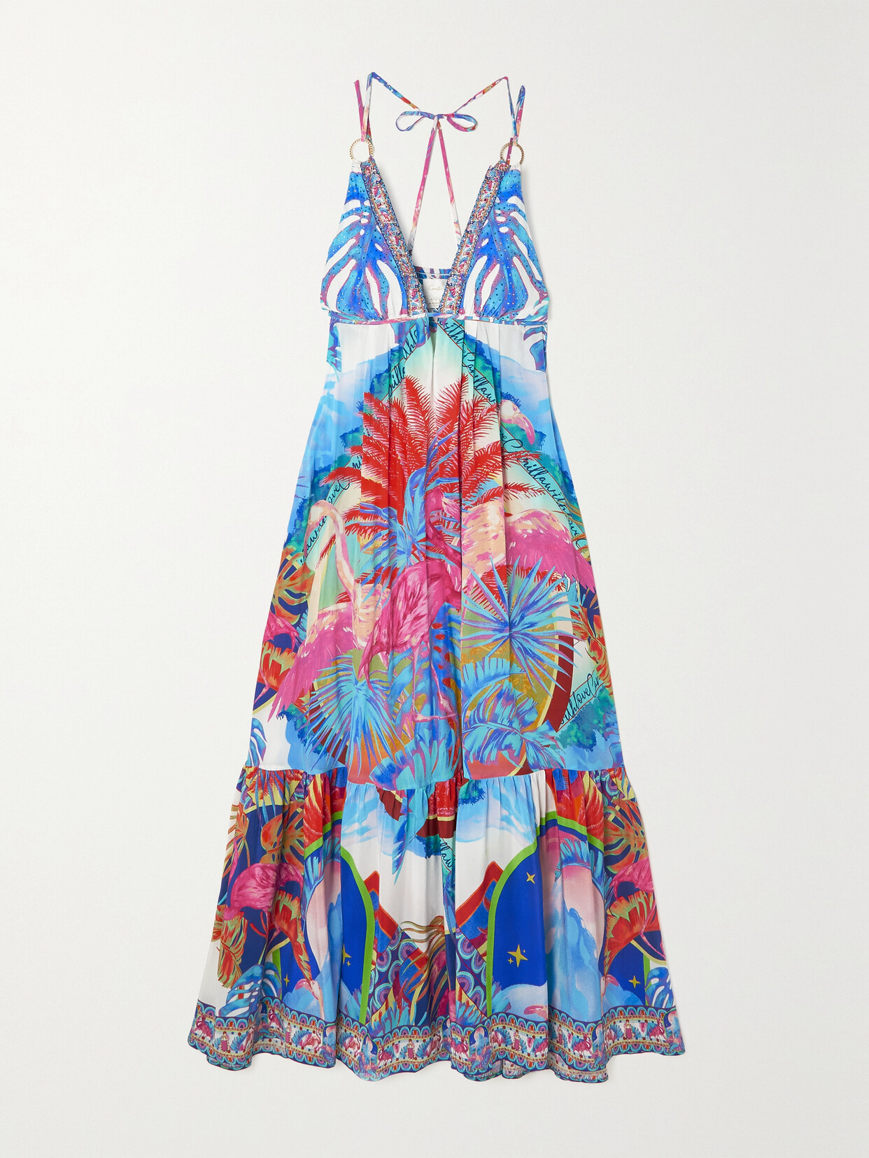 Camilla - Crystal-embellished Tiered Printed Silk Dress - Blue