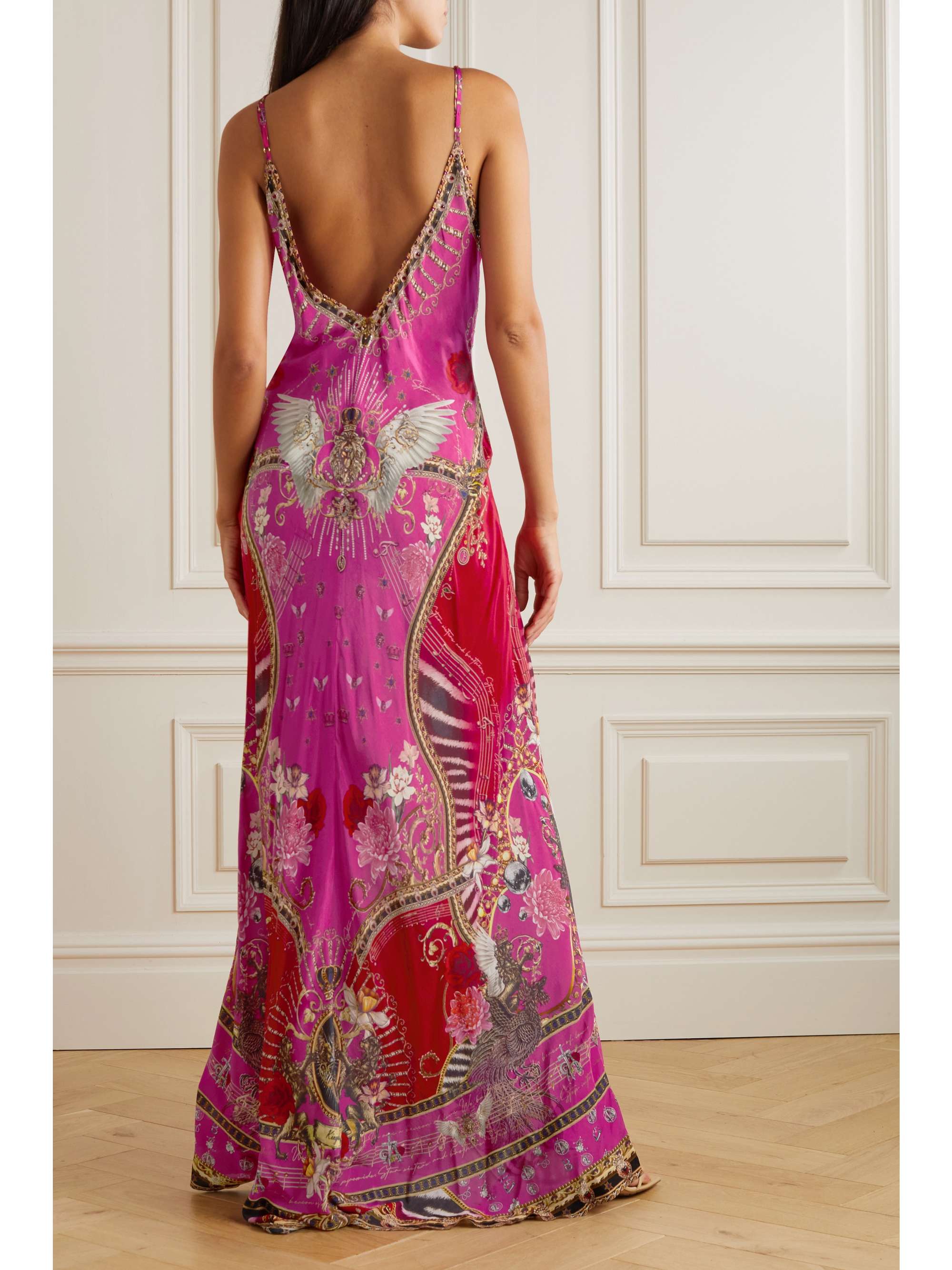CAMILLA Crystal-embellished printed silk-satin maxi dress