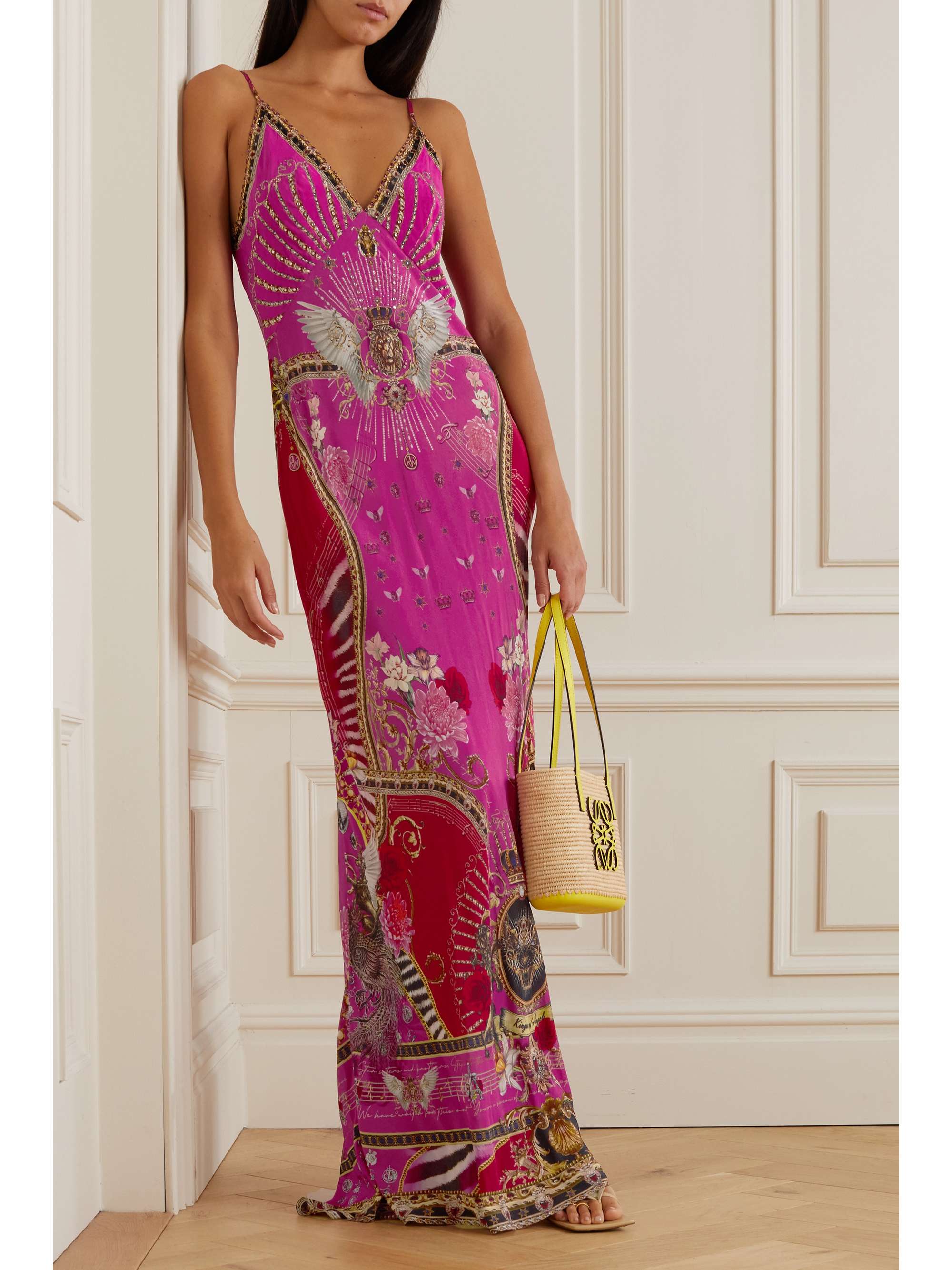 CAMILLA Crystal-embellished printed silk-satin maxi dress