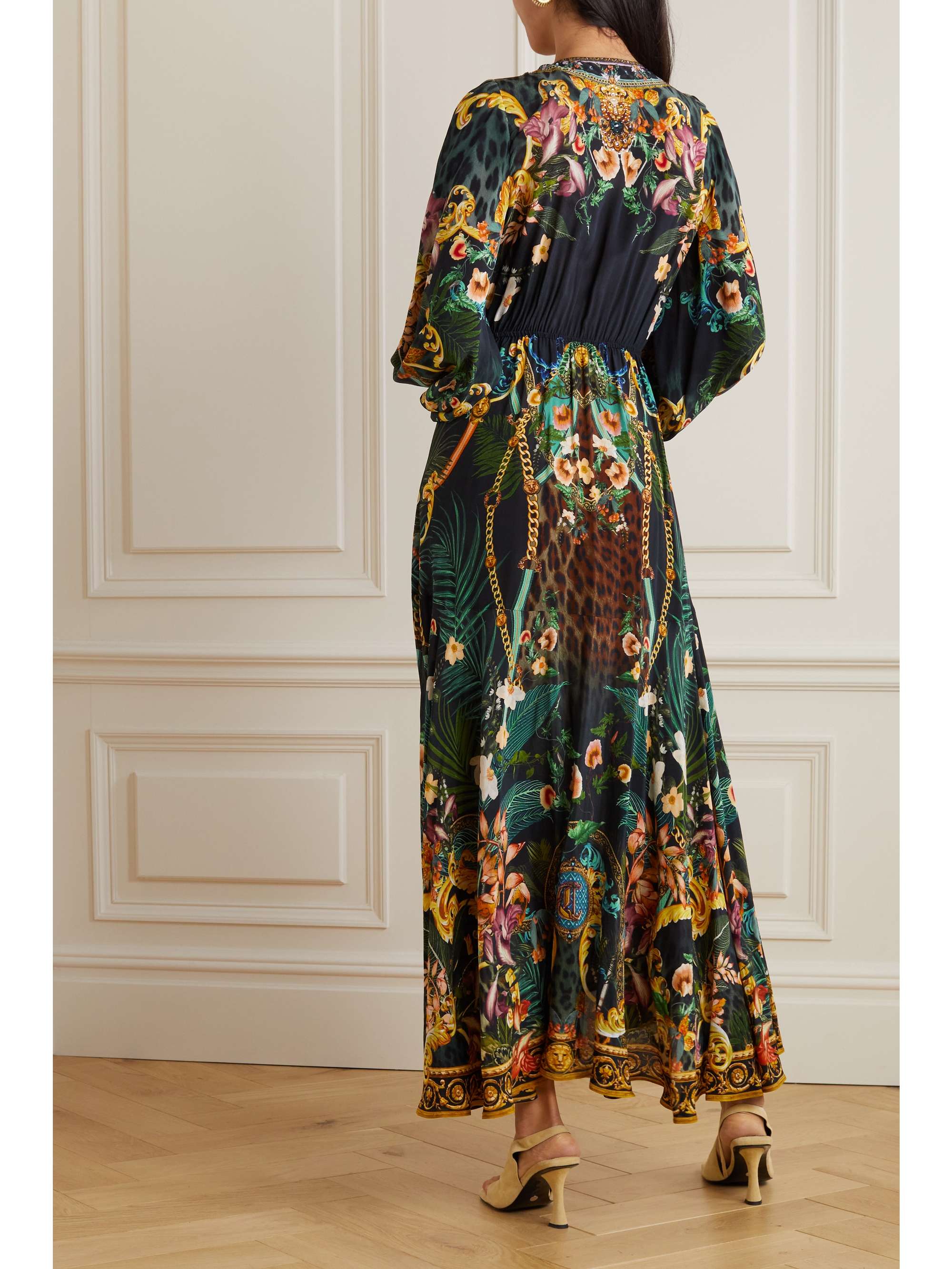 CAMILLA Tie-detailed embellished printed silk crepe de chine midi dress