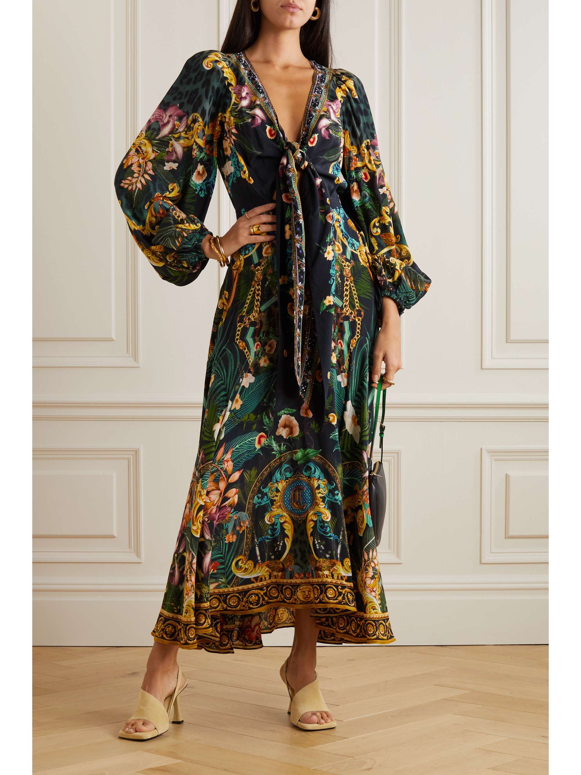 CAMILLA Tie-detailed embellished printed silk crepe de chine midi dress