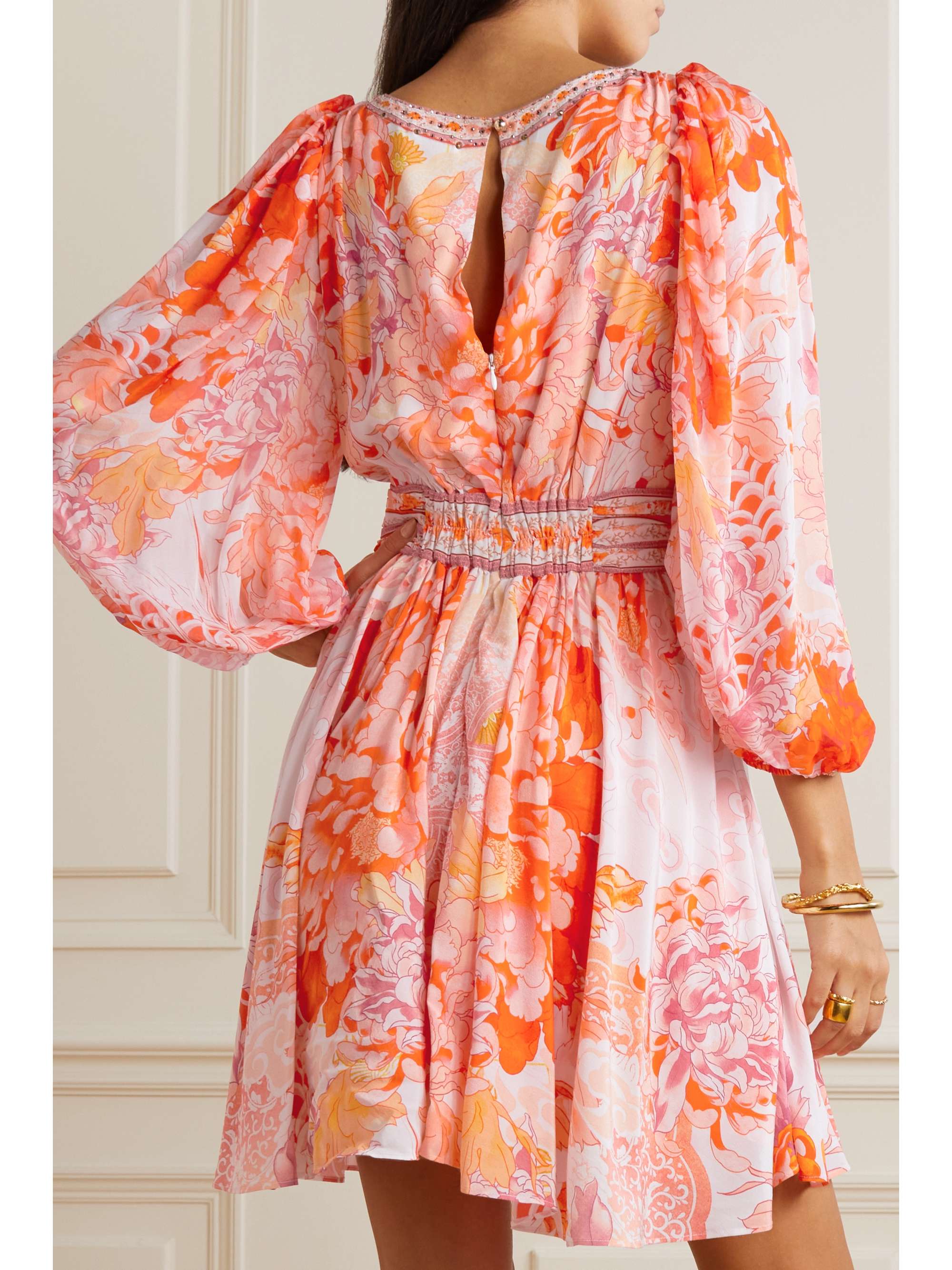 CAMILLA Embellished printed silk crepe de chine mini dress