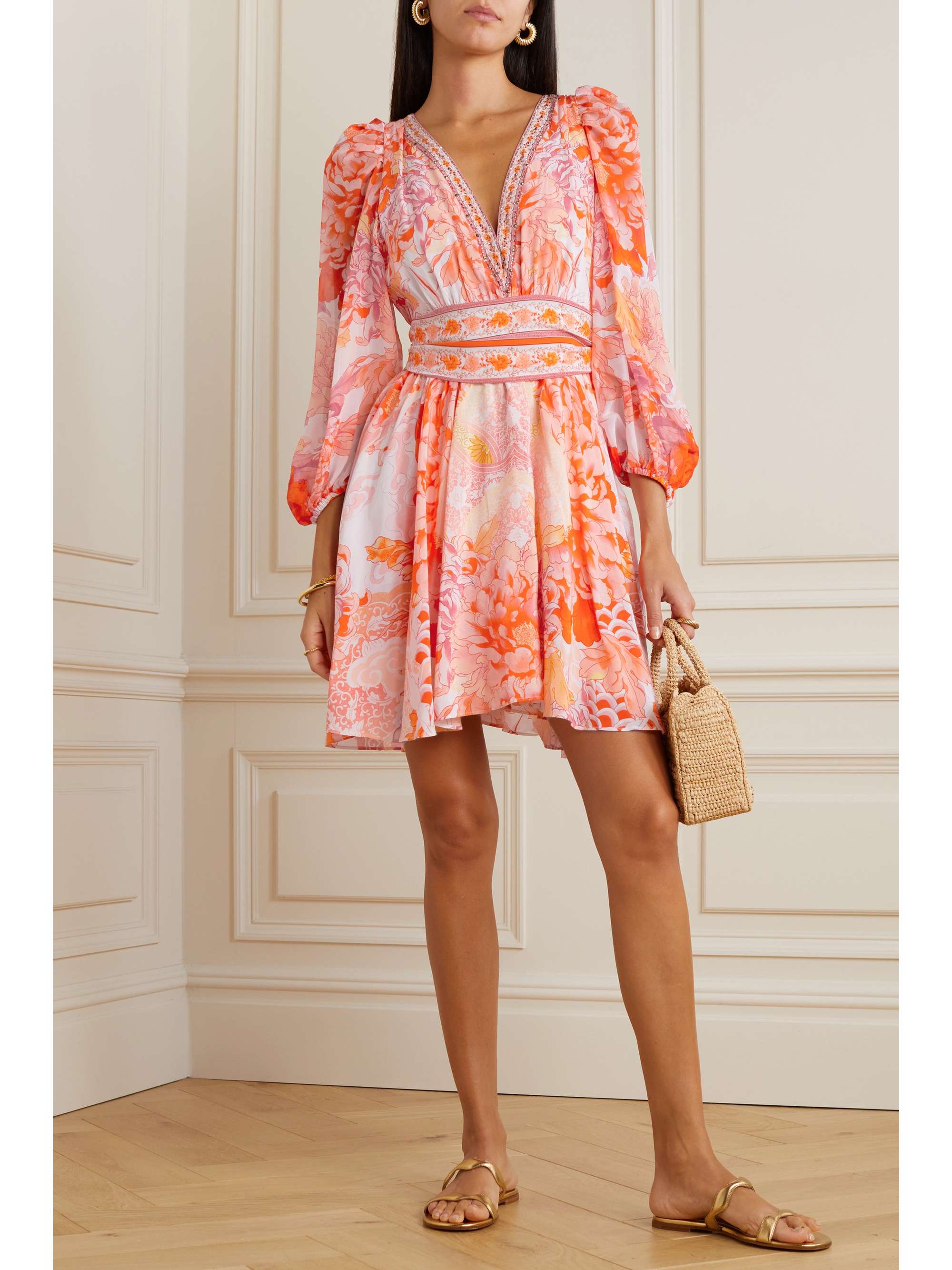 CAMILLA Embellished printed silk crepe de chine mini dress